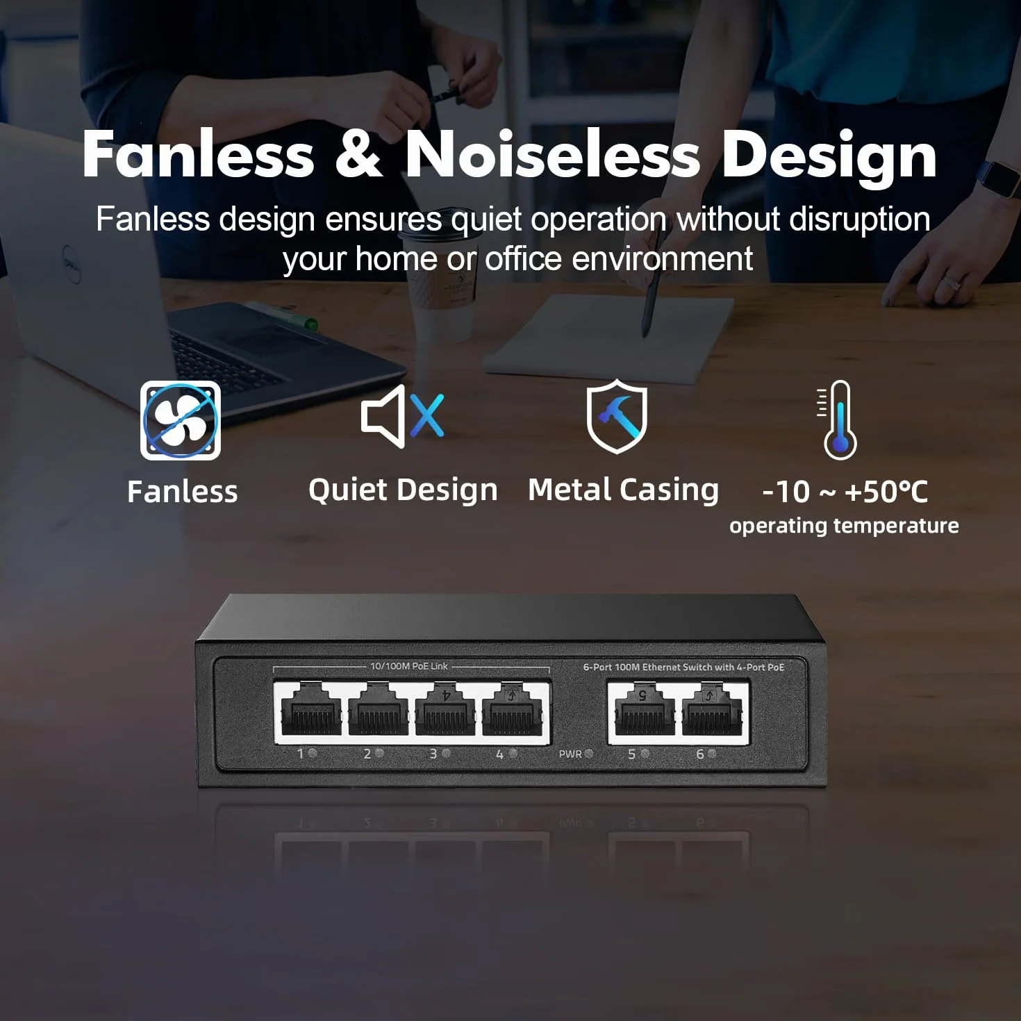 Conmutador PoE Mini YuLinca de 6 puertos con 4 puertos PoE+, 2 enlaces ascendentes Fast Ethernet, 10/100 Mbps, PoE 802.3af/at 65W, conmutador de red PoE+ Plug & Play metálico sin ventilador