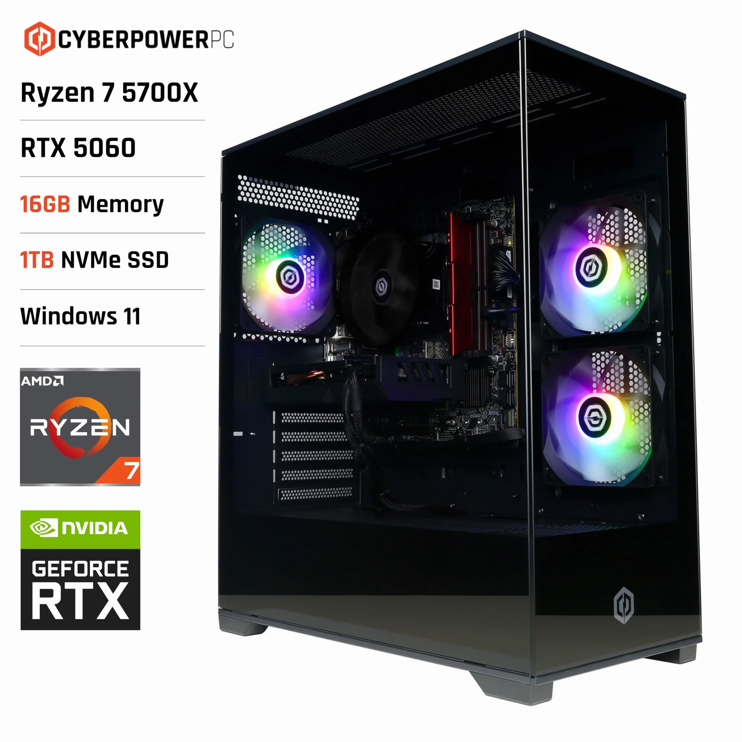 CYBERPOWERPC Wyvern Gaming PC - AMD Ryzen 7 5700X, Nvidia RTX 5060 8GB, 16GB RAM, 1TB NVMe SSD, 650W 80+ PSU, Wi-Fi, Windows 11, Prism Panoramic RGB Black