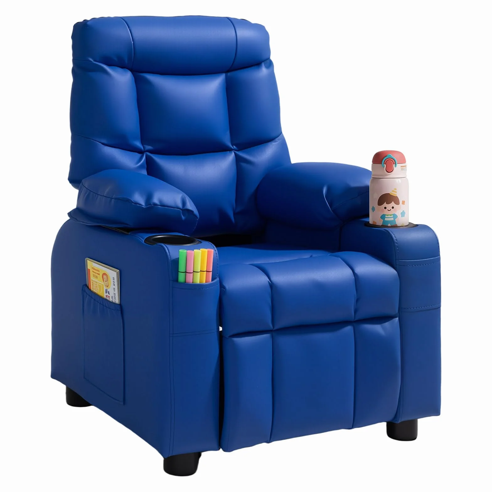 VEVOR Sillón Relax Reclinable para Niños, Sofá Infantil, Respaldo Ajustable 107°-126°, 2 Portavasos, 4 Bolsillos, Reposapiés, Cuero Sintético, Azul