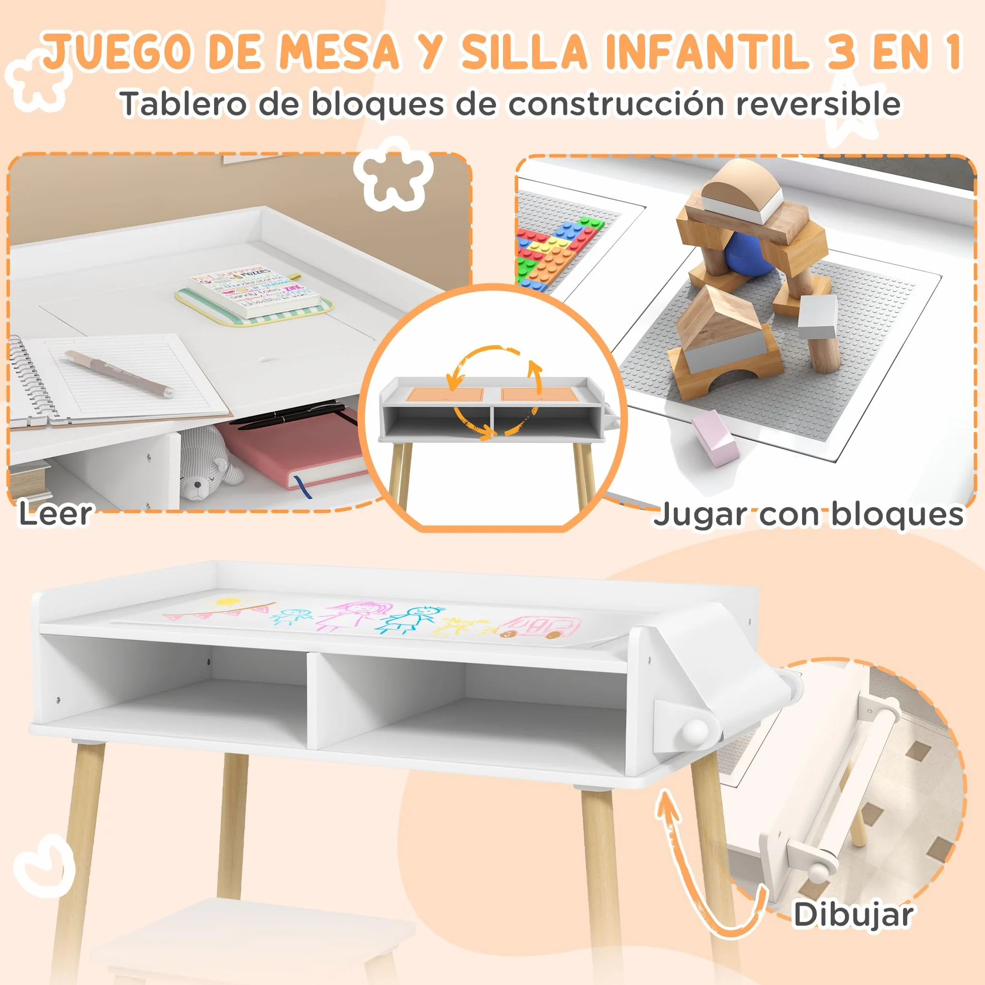 HOMCOM Juego de Mesa y Silla Infantil con Tablero de Bloques y Rollo de Papel Blanco