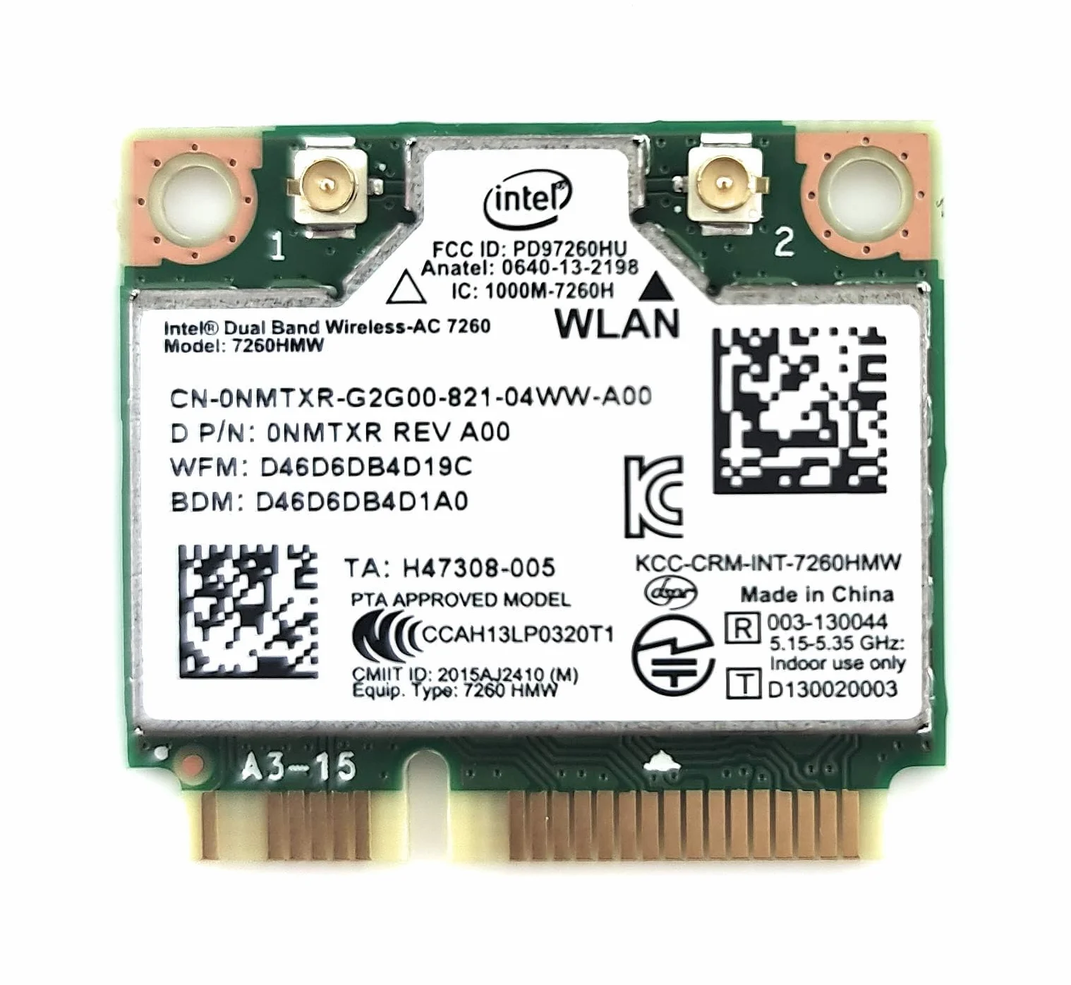 Intel Network 7260. HMWG. R - Adaptador de Red inalámbrica, AC 7260 H/T, Doble Banda, 2x2 AC + Bluetooth Incluye Tornillos de Montaje HMC, Modelo: 7260. HMWG. R