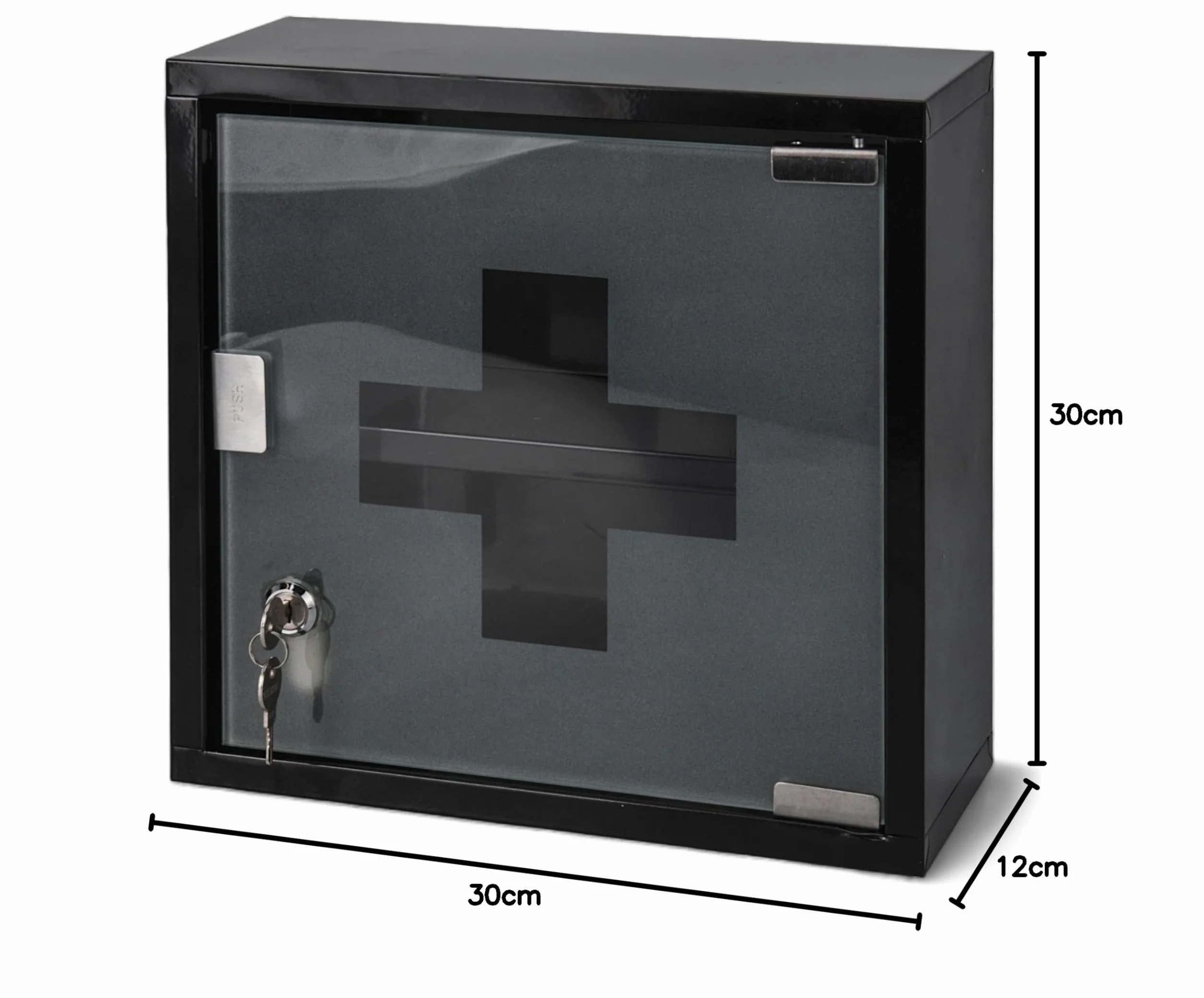 MIJOMA Botiquín de metal con puerta de cristal y estantes, cerradura de seguridad, 2 llaves, montaje en pared, negro 30x30