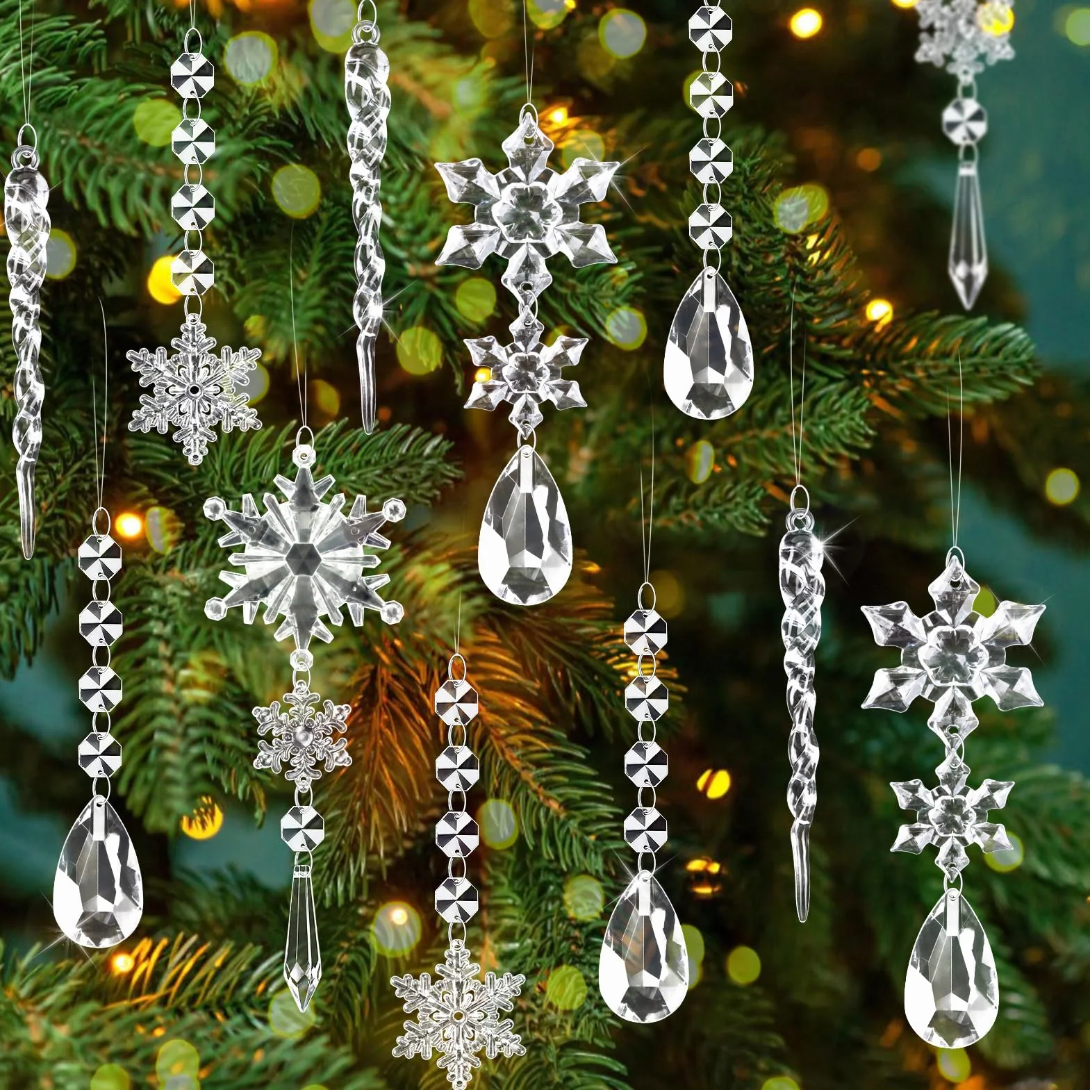 Kiiwah 16 Piezas Adornos de Cristal Decoración Árbol Navidad, Gotas Copo Nieve Acrílico Colgante Carámbano Hogar Ventana