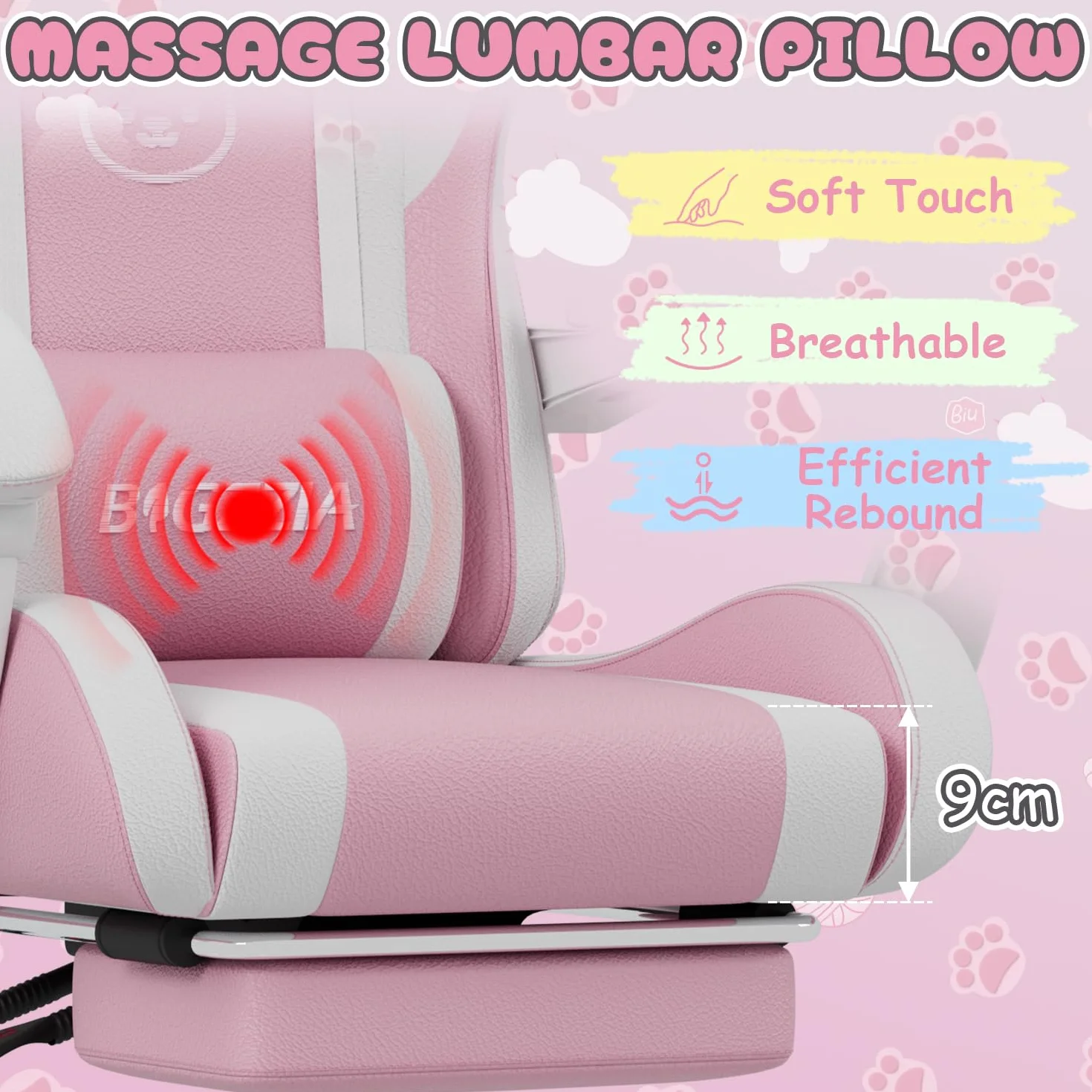 bigzzia Silla Gaming Ergonómica con Orejas de Gato Ajustable Altura Reposacabezas Soporte Lumbar Masaje Blanco Rosado
