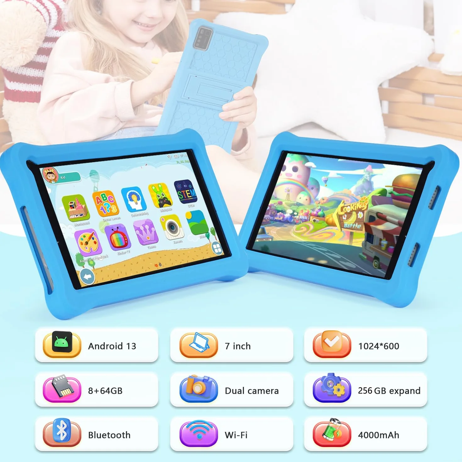Tablet para Niños 7 Pulgadas, Tablet Android 13 con 8GB RAM 64GB ROM (mpliable 256 GB), Control Parental, Pantalla IPS HD, GMS Certified, WiFi, Tableta Niños Educativo con Funda de EVA (Azul)