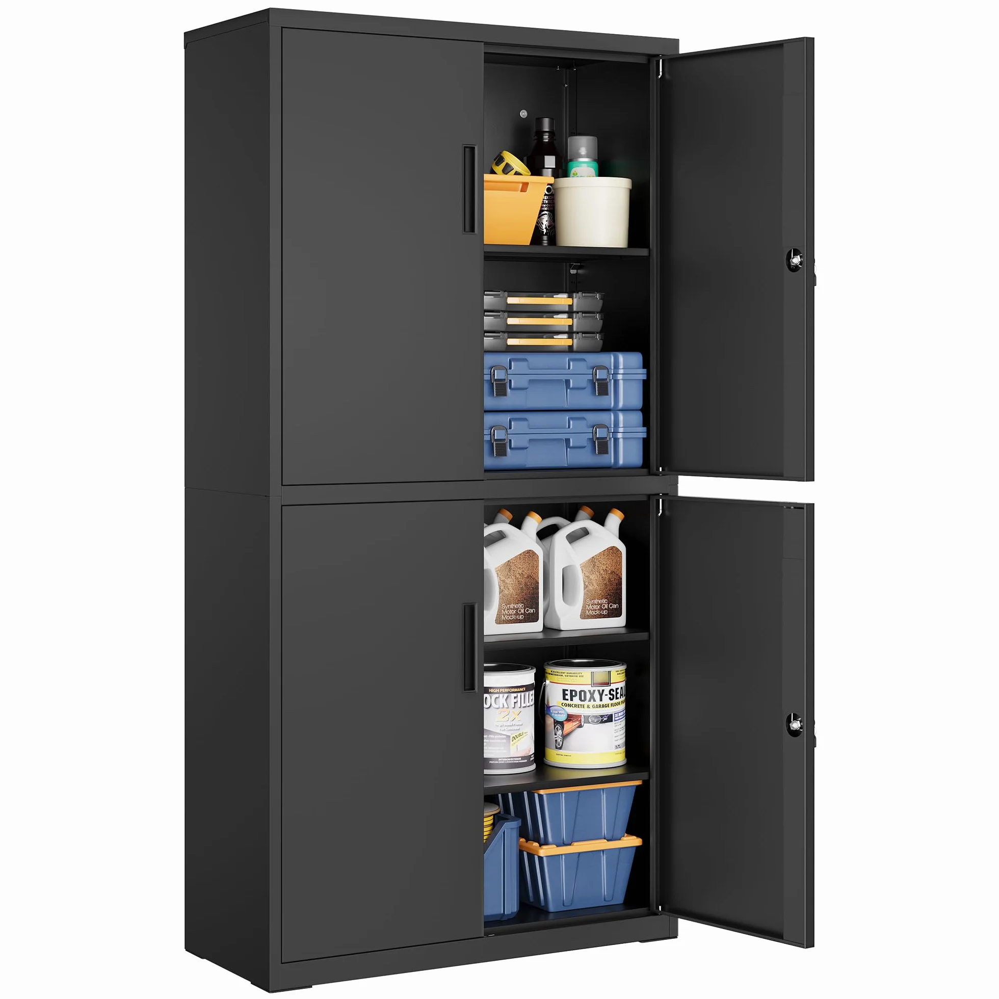 SONGMICS Armario de Garaje 5 Estantes 4 Puertas, Armario de Oficina, 40 x 80 x 180 cm, 2 Cerraduras, Estantes Ajustables, Gabinete de Metal, Negro Mate
