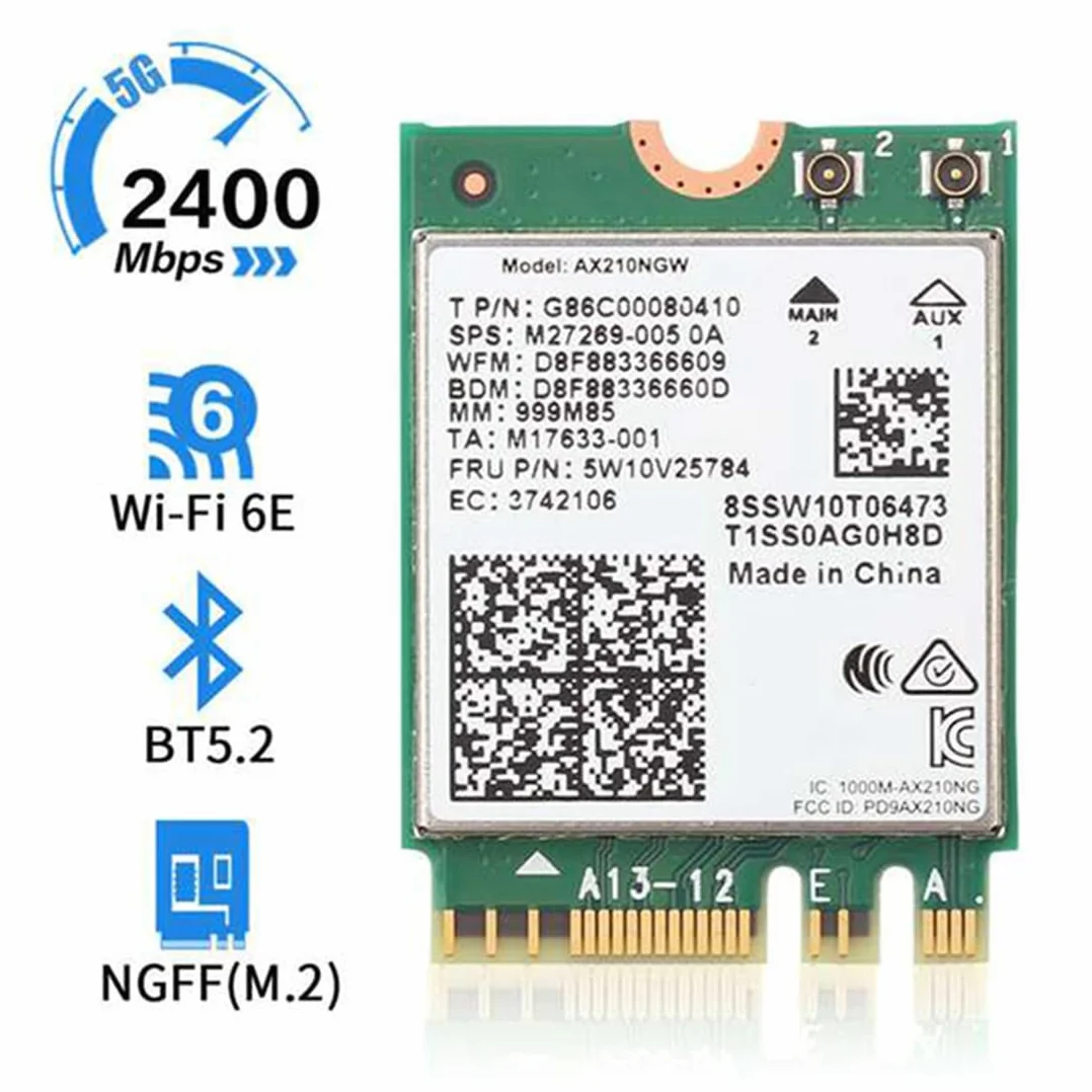 Wi-Fi 6E AX210 Tarjeta InaláMbrica 2400Mbps Bluetooth 5.2 Kit de Escritorio 802.11Ax 2.4G/5Ghz/6Ghz AX210NGW, con Antena 10DBi
