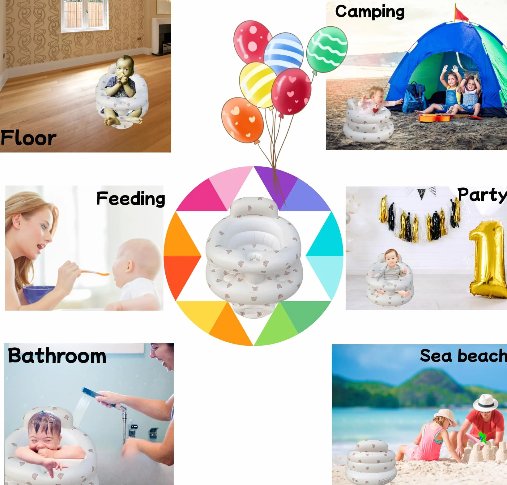 Asiento inflable para bebés 3-36 meses con bomba integrada, soporte de espalda