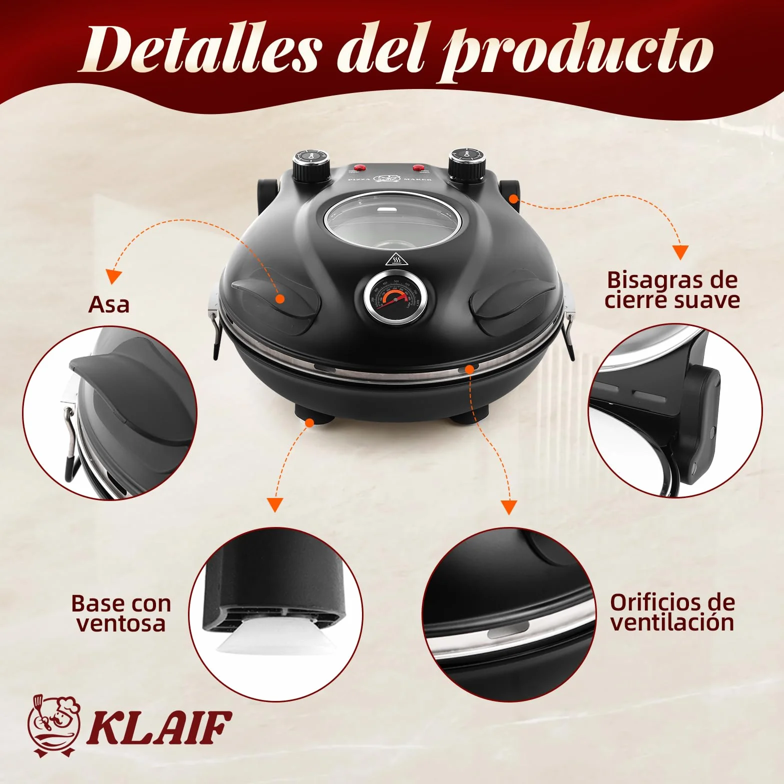 KLAIF Horno Eléctrico para Pizza 420 °C, 1200 W, Piedra de Cerámica 31 cm, Calor Regulable, Compacto, LM-negro