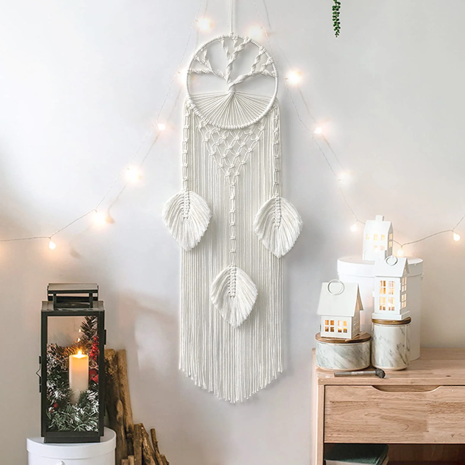 LOMOHOO Árbol de la Vida Atrapasueños Macramé Colgante de Pared Bohemio con Hoja de Plumas