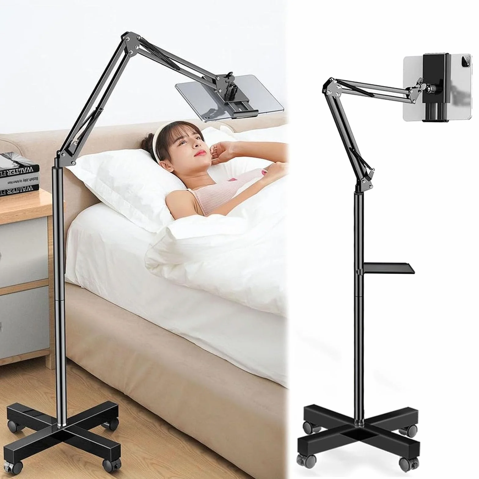 Soporte para Tableta, Soporte Ajustable para Tableta Soporte para Tableta con Cuello de Cisne y Ruedas Libre Movimiento para iPad iPhone Samsung Pestaña Teléfono Inteligente Lector Electrónico