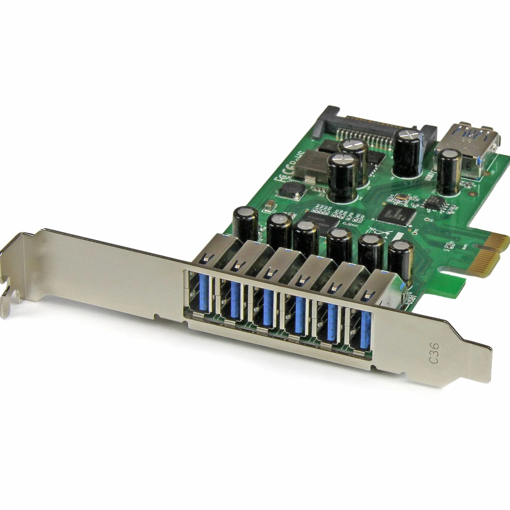 StarTech.com Adaptador tarjeta PCI Express 7 puertos USB 3.0 (5Gbps) con alimentación SATA perfil bajo o completo - 7x USB A - Hub Interno (PEXUSB3S7)