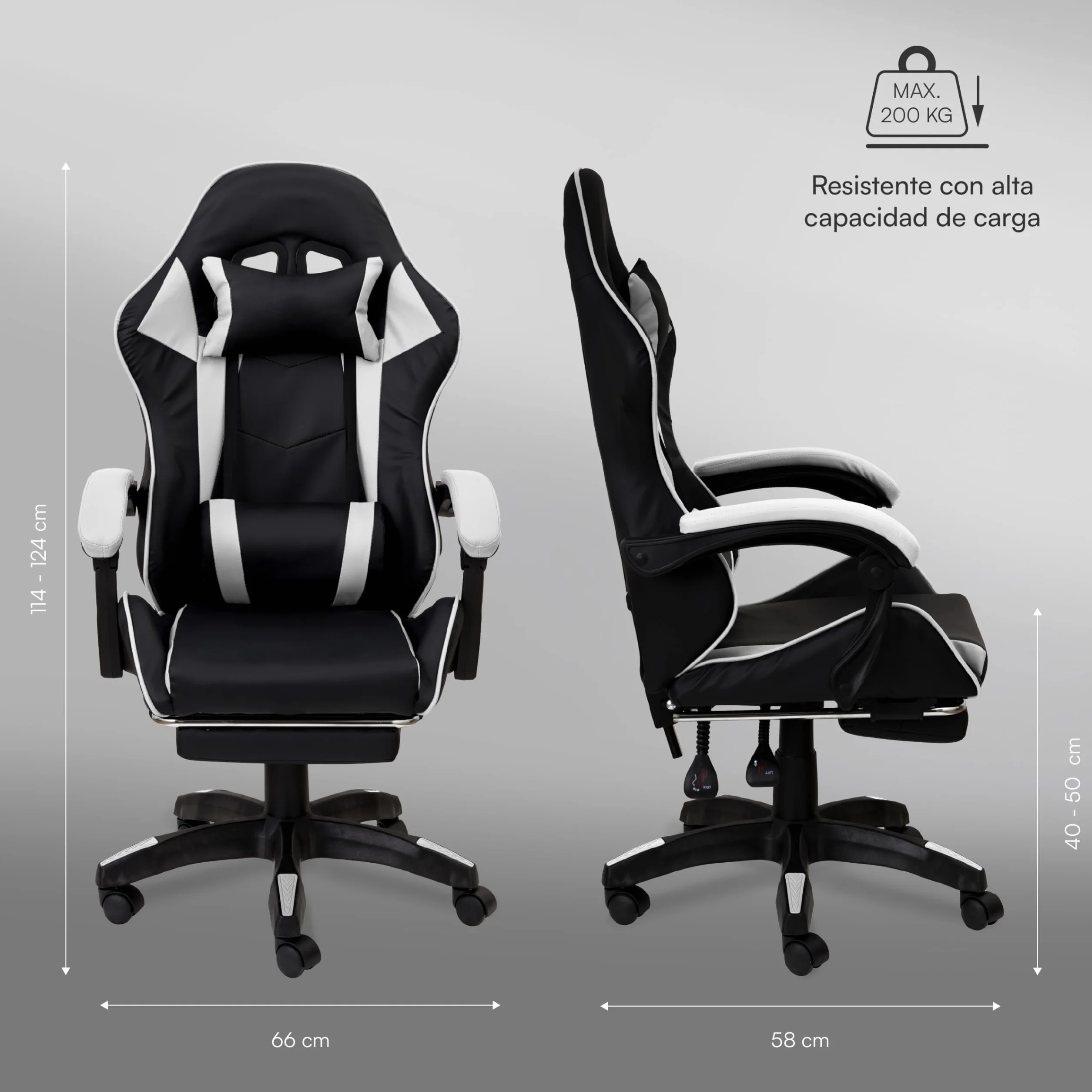 Baroni Home Silla Gaming Ergonómica Inclinable Altura Regulable, Soporte Lumbar, Reposacabezas Acolchado, Reposapiés Extraíble, Blanco, 58x66x114-124 cm