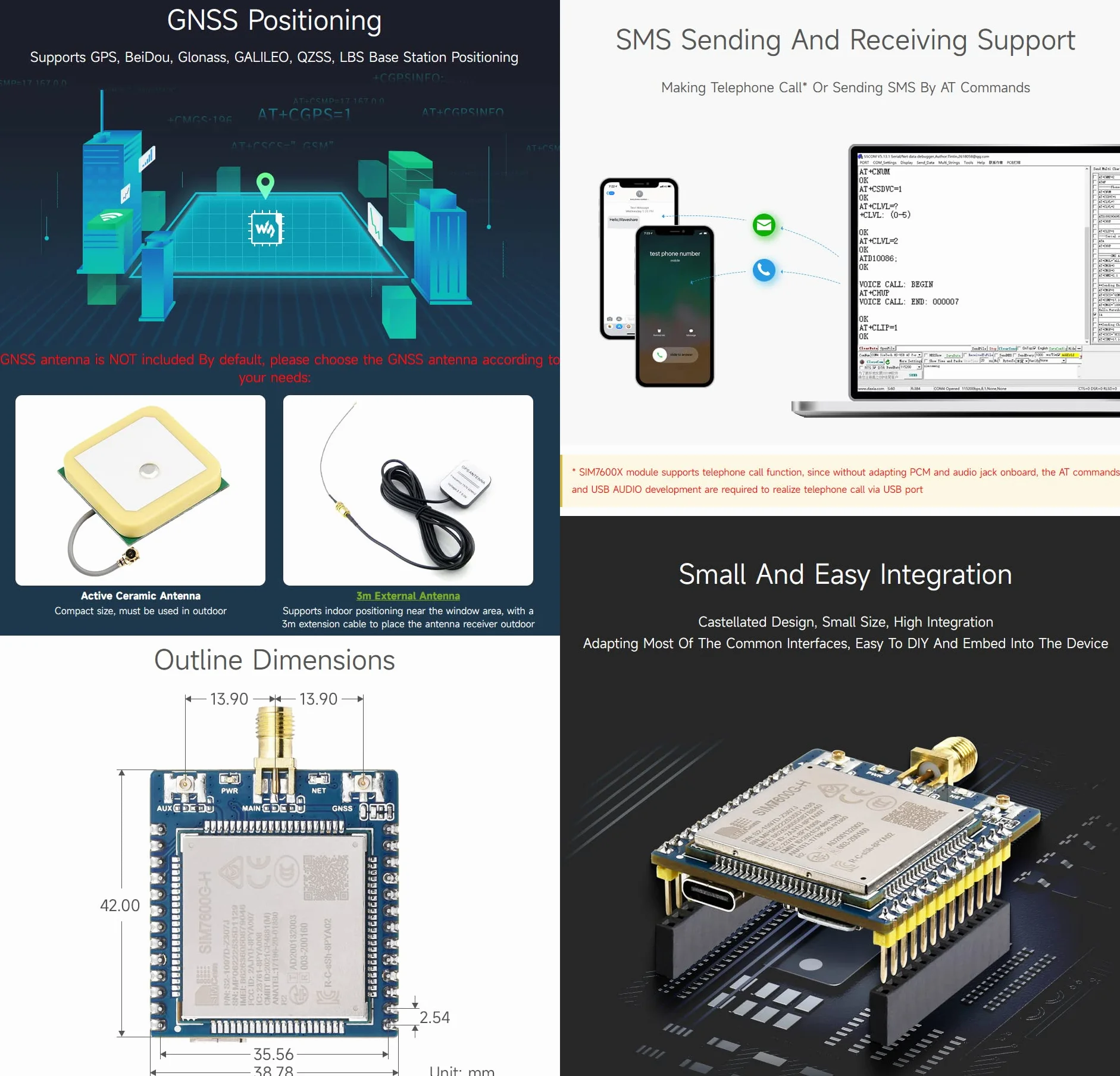 Waveshare SIM7600E-H 4G-Module, Used for Windows/Linux Dial-up Internet Access, Cloud Platform Communication, GNSS Locating, Compatible with Raspberry Pi/Jetson Nano/ESP32/STM32 Programming Platforms