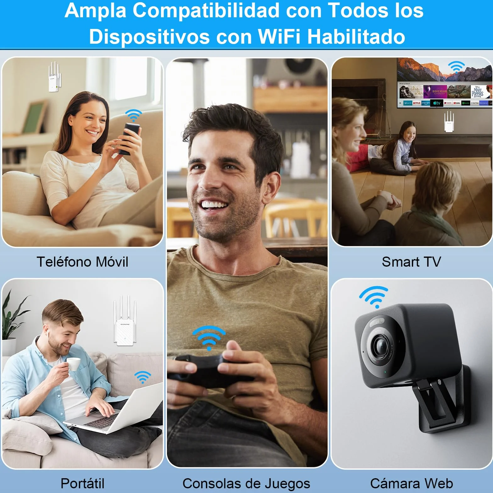 Amplificador Señal WiFi, AC1200Mbps Repetidor WiFi Doble Banda 2.4G/5G con 4 Antenas Externas - 3 Modos (Repetidor/Router/Ap), Puerto Ethernet, WPS Botón, MU-MIMO, Luz Indicadora, Enchufe EU