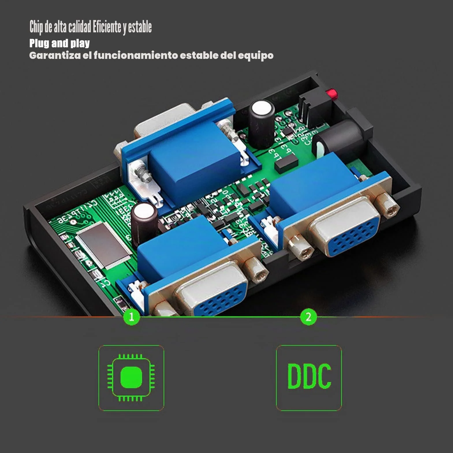 1 en 2 Salidas 250mhz vga Splitter 1920x1440 1080p Video Splitter Vga Video Cable Interfaz chapada en Oro USB Alimentado para duplicación de Pantalla