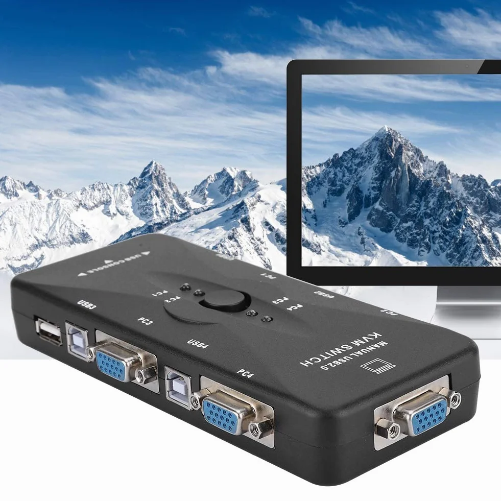 Switch KVM de 4 puertos USB VGA SVGA Adaptador de Caja de Interruptores KVM para PC Monitor Teclado Control del Ratón, Resolución Hasta 1920x1440 USB 2.0 (4 puertos)