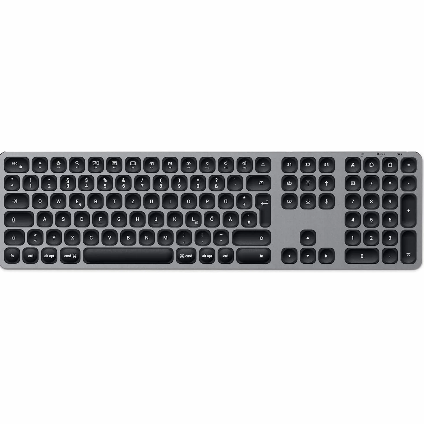 SATECHI Teclado Inalámbrico con Keypad Numérico, 𝗤𝗪𝗘𝗥𝗧𝗭 𝗗𝗘, Teclado Bluetooth en Aluminio, Multi-Dispositivo, Recargable USB-C para Mac, Windows y Android (Distribución Alemana)