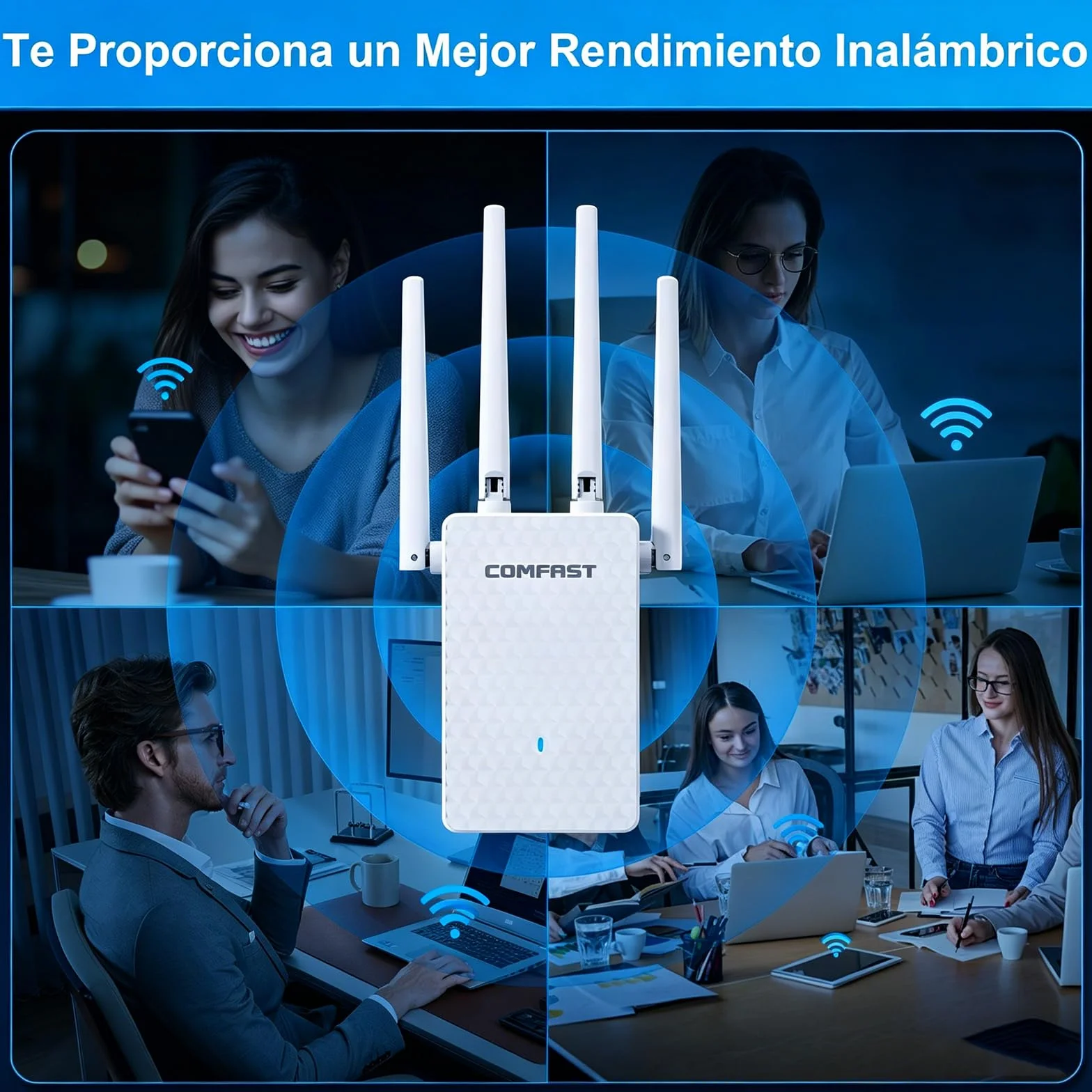 COMFAST Repetidor WiFi, AC1200M Amplificador Señal WiFi, 2.4/5 GHz Amplificador WiFi Potente con Puerto Ethernet, 4 Antenas Externas, Extensor de WiFi para Casa y Oficina, WPS, Repetidor/Router/Ap