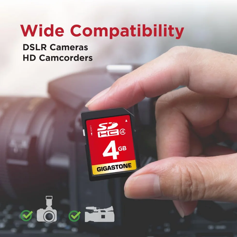 GIGASTONE Paquete de 2 Tarjetas SD de 4GB, Tarjeta de Memoria SDHC Clase 4 para Fotos, vídeos, música, Archivos de Voz, cámara DSLR, videocámara DSC, grabadora, reproducción, PC, Mac, POS, 2 Unidades