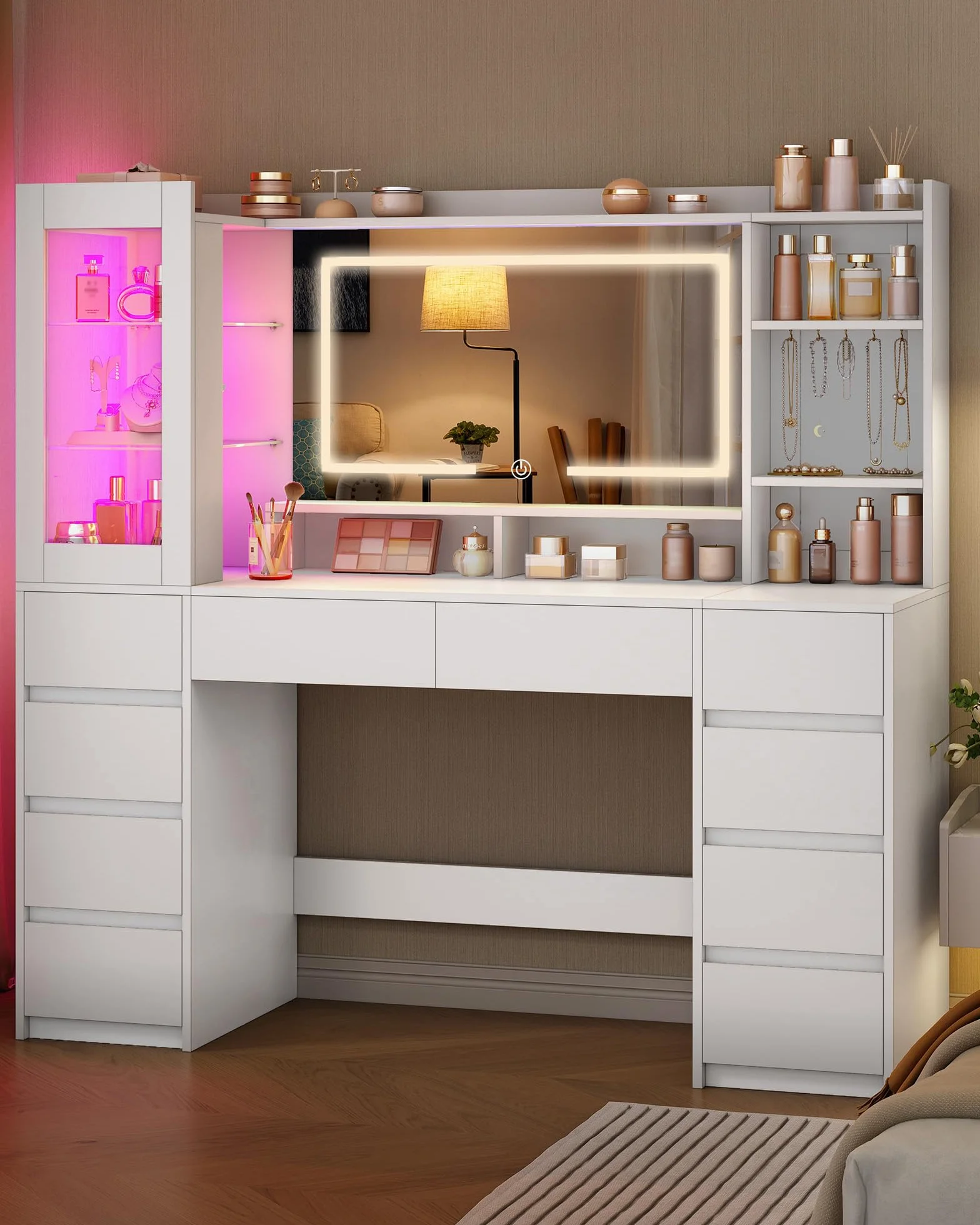 Tocador de Maquillaje Grande 140 cm con Espejo HD, Tira de Luz RGB, 10 Cajones, Blanco
