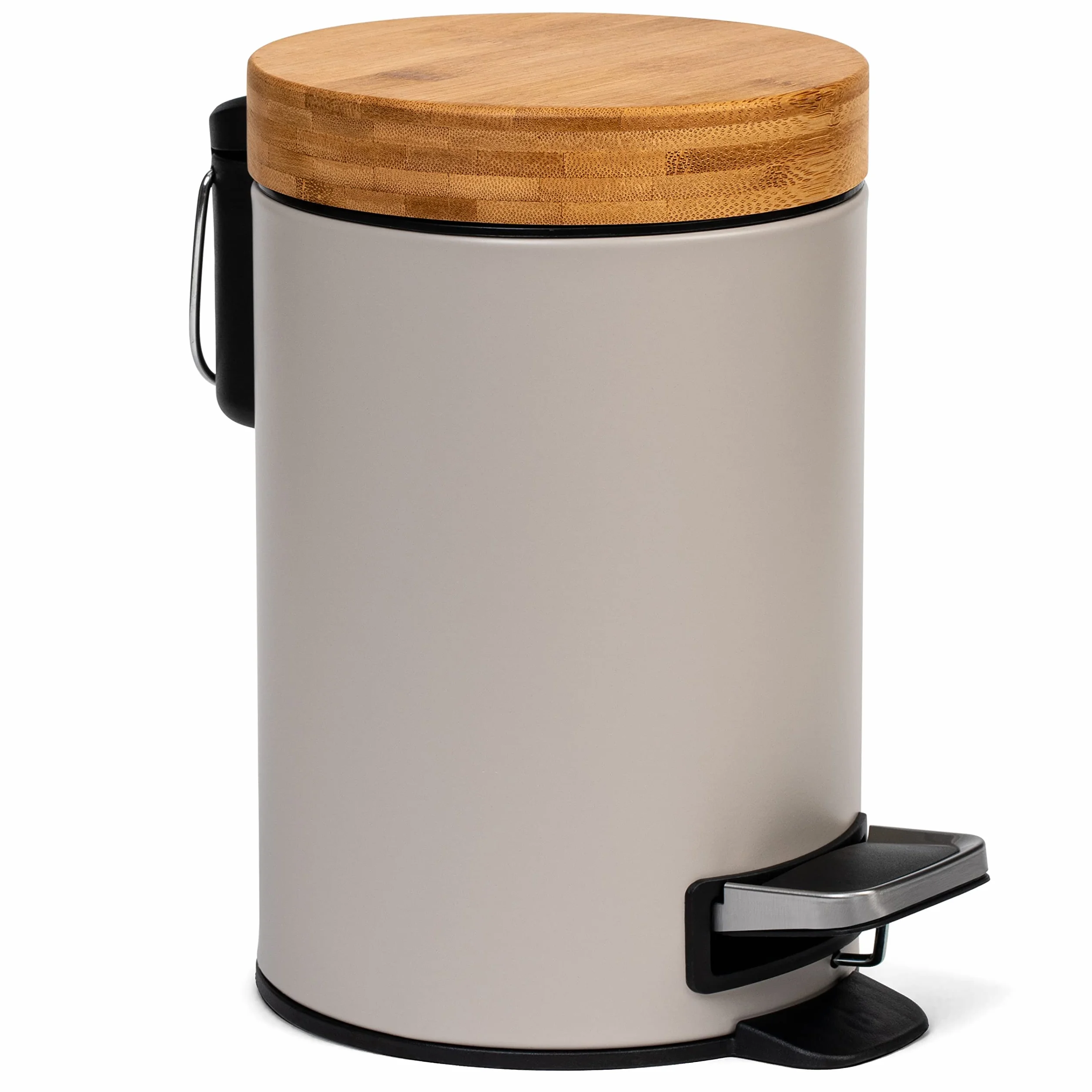 Kazai. 3 Litros Cubo de Basura para el Baño de Diseñador - Bambú Superior | Cierre Suave | Anti-Huellas | Taupe (Claro)