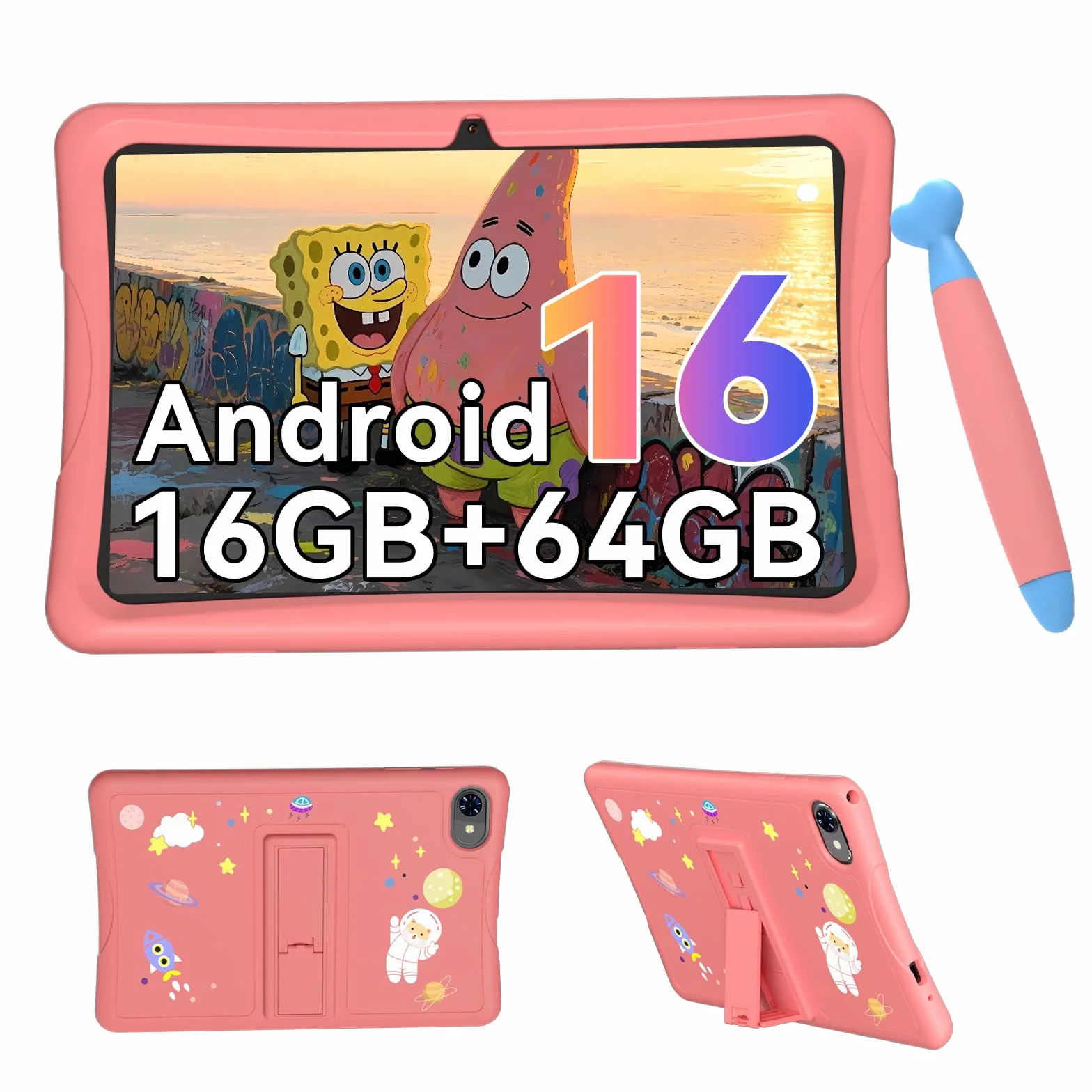 Tablet para Niños 10 Pulgadas, Android 16 Tablet para Niños de 3 a 12 Años, 16GB RAM 64GB ROM/2TB TF, Controles Parentales, GMS, WiFi6, Tablet Infantil con Funda Anticaídas y Lápiz, Garantía de 4 años