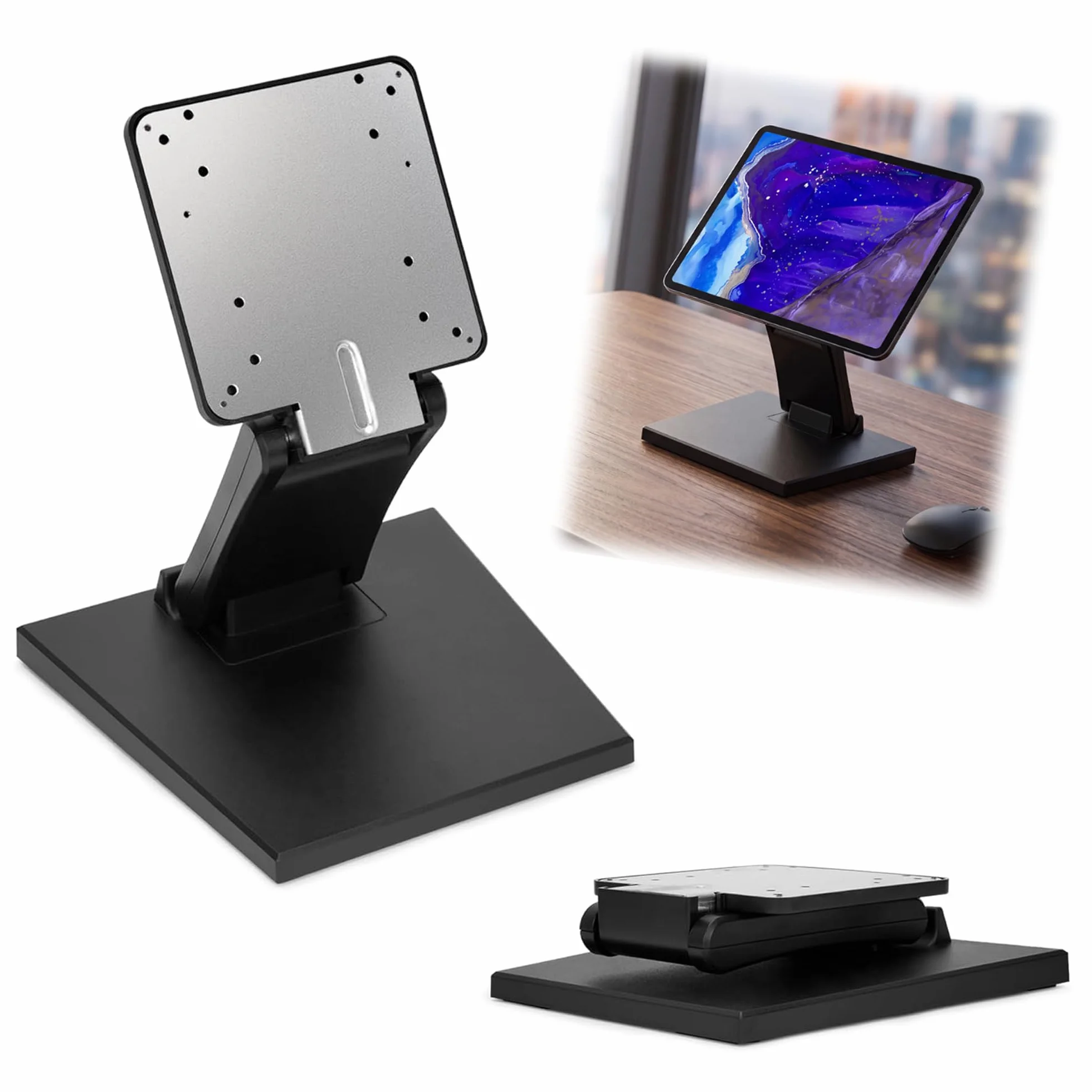 Bimiti - Soporte de pantalla plana plegable soporte para monitor LCD | ajustable de metal, agujero VESA 75 x 75 mm/100 x 100 mm, compatible con pantallas de 10 a 27 pulgadas, color negro