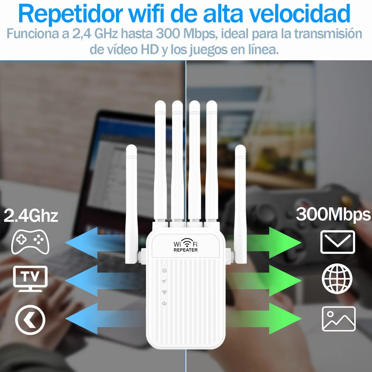 Repetidor WiFi,2025 Potente Amplificador WiFi,Amplificador señal WiFi,Repetidor WiFi Largo Alcance,6 Antenas,2 Puertos LAN,Cobertura de hasta 11800Sq.para Oficinas Y hogares,Fácil Instalación