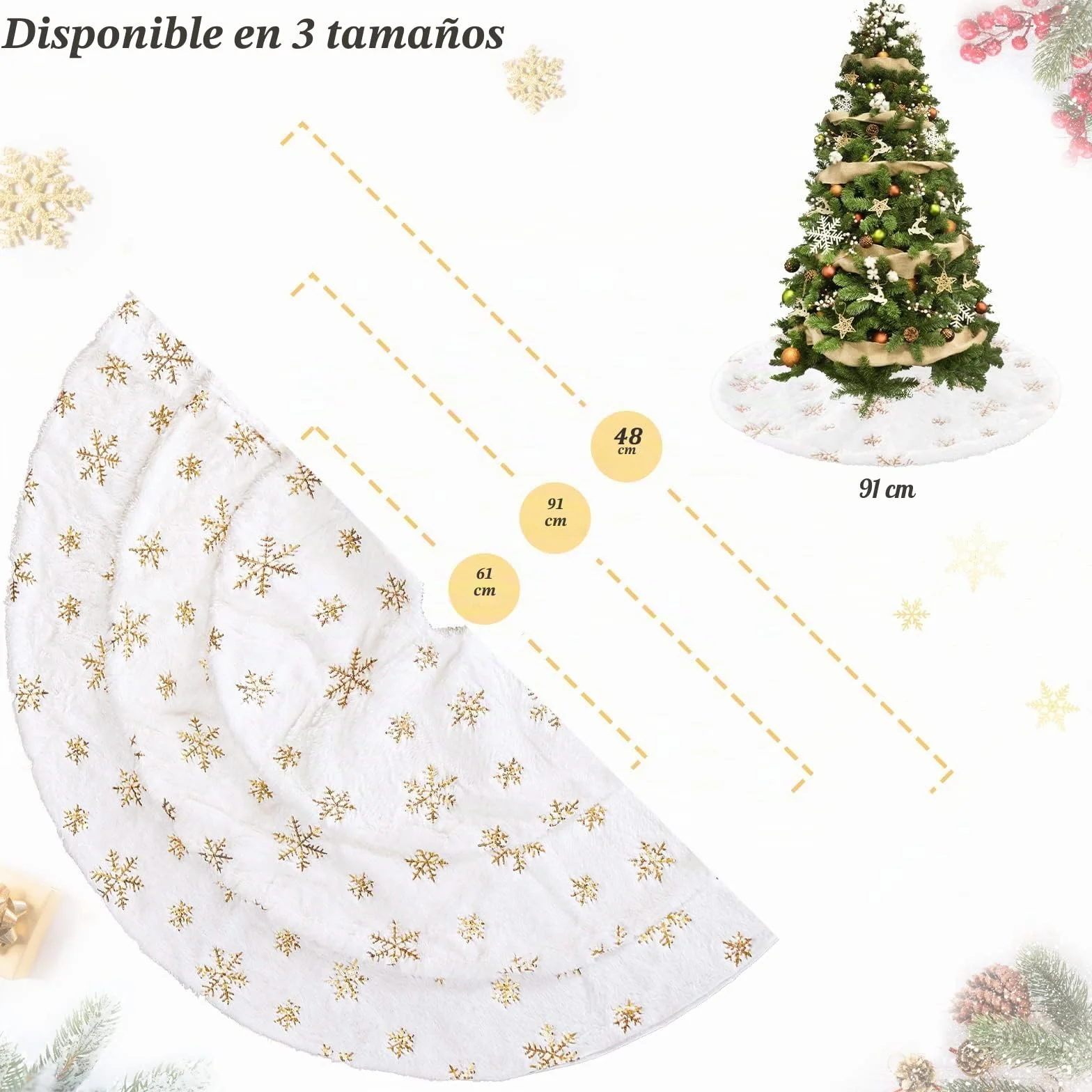 Falda para Árbol de Navidad de Felpa Blanca Suave 90 cm Copos de Nieve Dorados Extra Gruesa