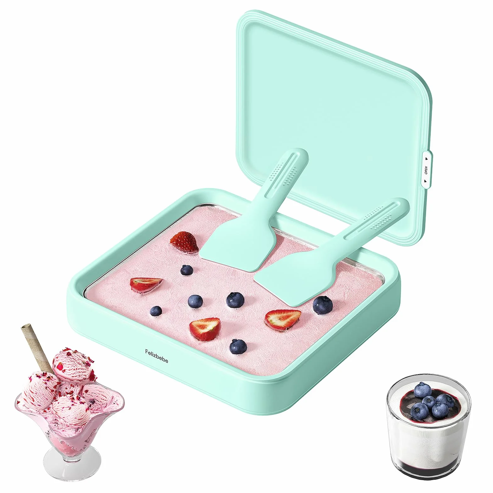 Máquina de helado enrollada, acero inoxidable SUS316 de grado alimenticio, bandeja instantánea para hacer helados con tapa y 2 espátulas, máquina de yogur congelado para actividades, Verde