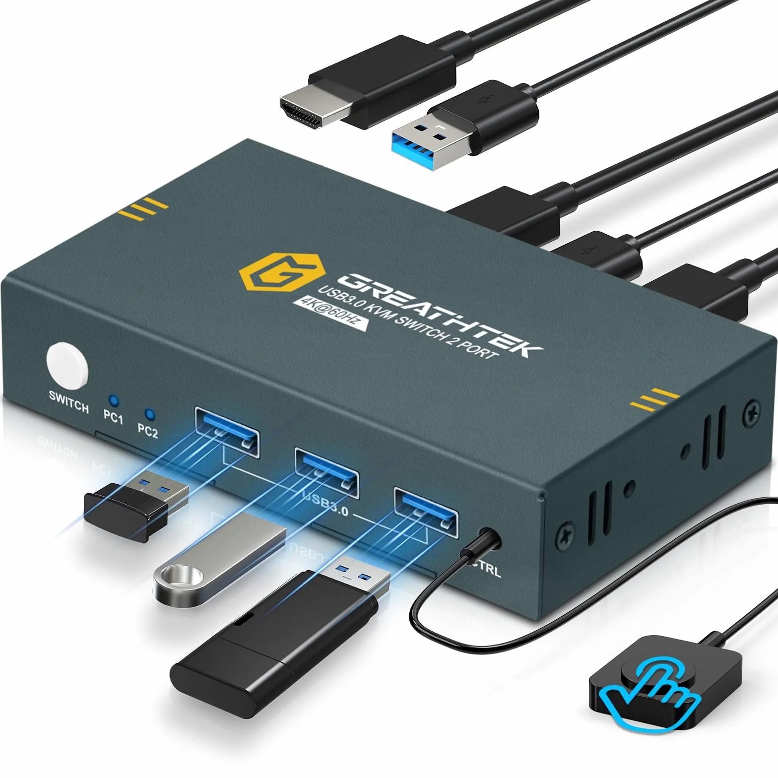 USB 3.0 conmutador KVM HDMI 2 puertos 4K@60Hz, conmutadores KVM para 2 PC 1 monitor Con 3 puertos USB3.0, HDMI2.0, HDCP2.2, soporte de función EDID, Incluye 2 cables USB 3.0