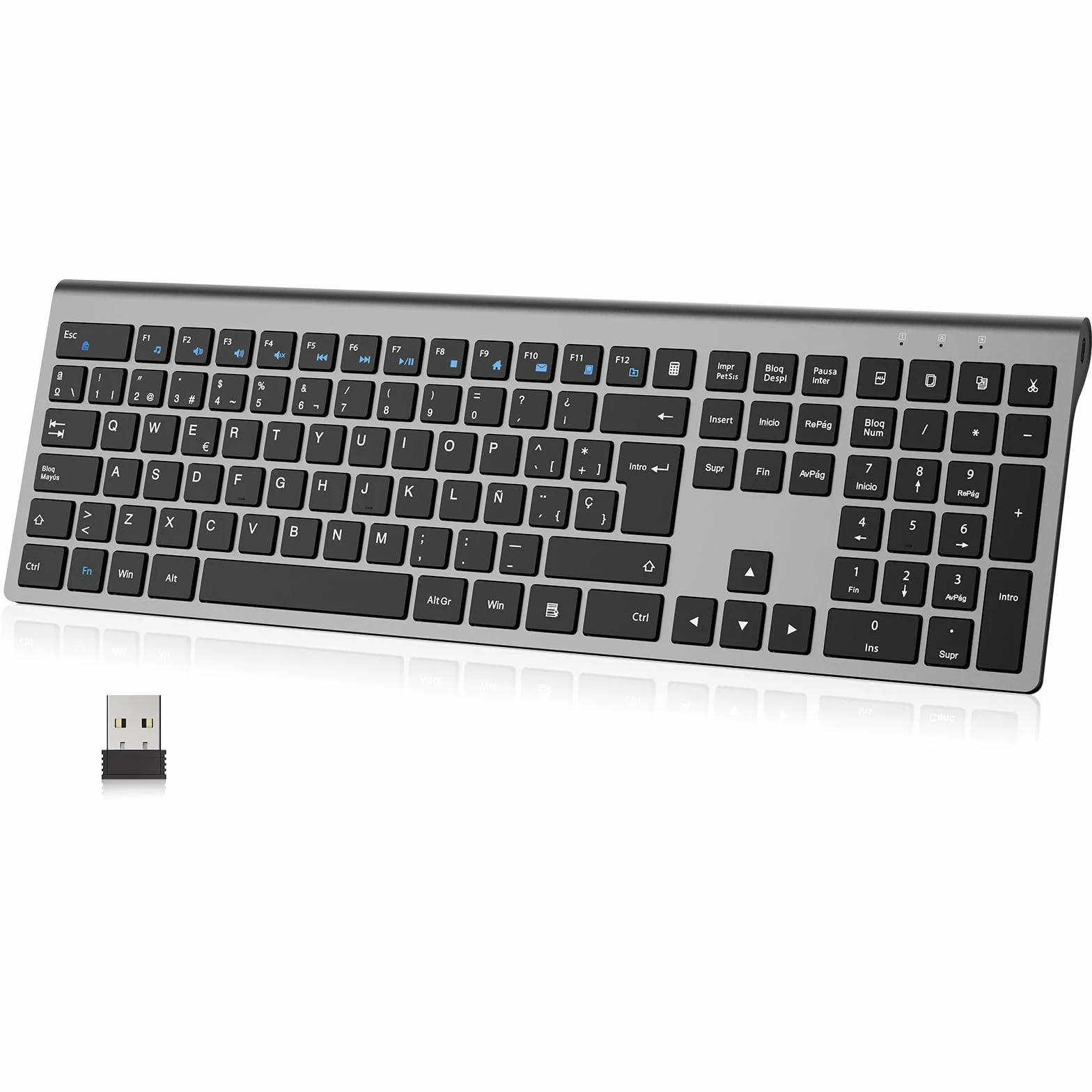 cimetech Teclado Inalámbrico Recargable, QWERTY Español Layout, 2.4G EasyTyping Teclado de diseño ergonómico, Ultrafino para Ordenador/PC/portátil/Windows 10/8/7(Gris)