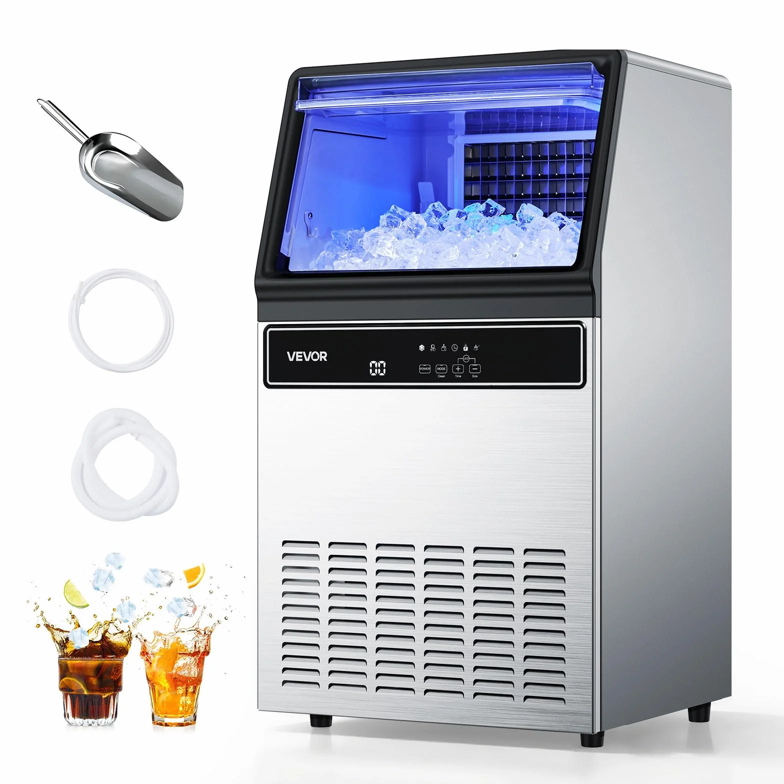 VEVOR Máquina para Fabricar Hielo 54,4 kg/24 h 15 kg Almacenamiento Acero Inoxidable Independiente Encimera Pantalla LED Autolimpieza