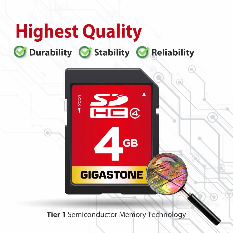 GIGASTONE Paquete de 2 Tarjetas SD de 4GB, Tarjeta de Memoria SDHC Clase 4 para Fotos, vídeos, música, Archivos de Voz, cámara DSLR, videocámara DSC, grabadora, reproducción, PC, Mac, POS, 2 Unidades