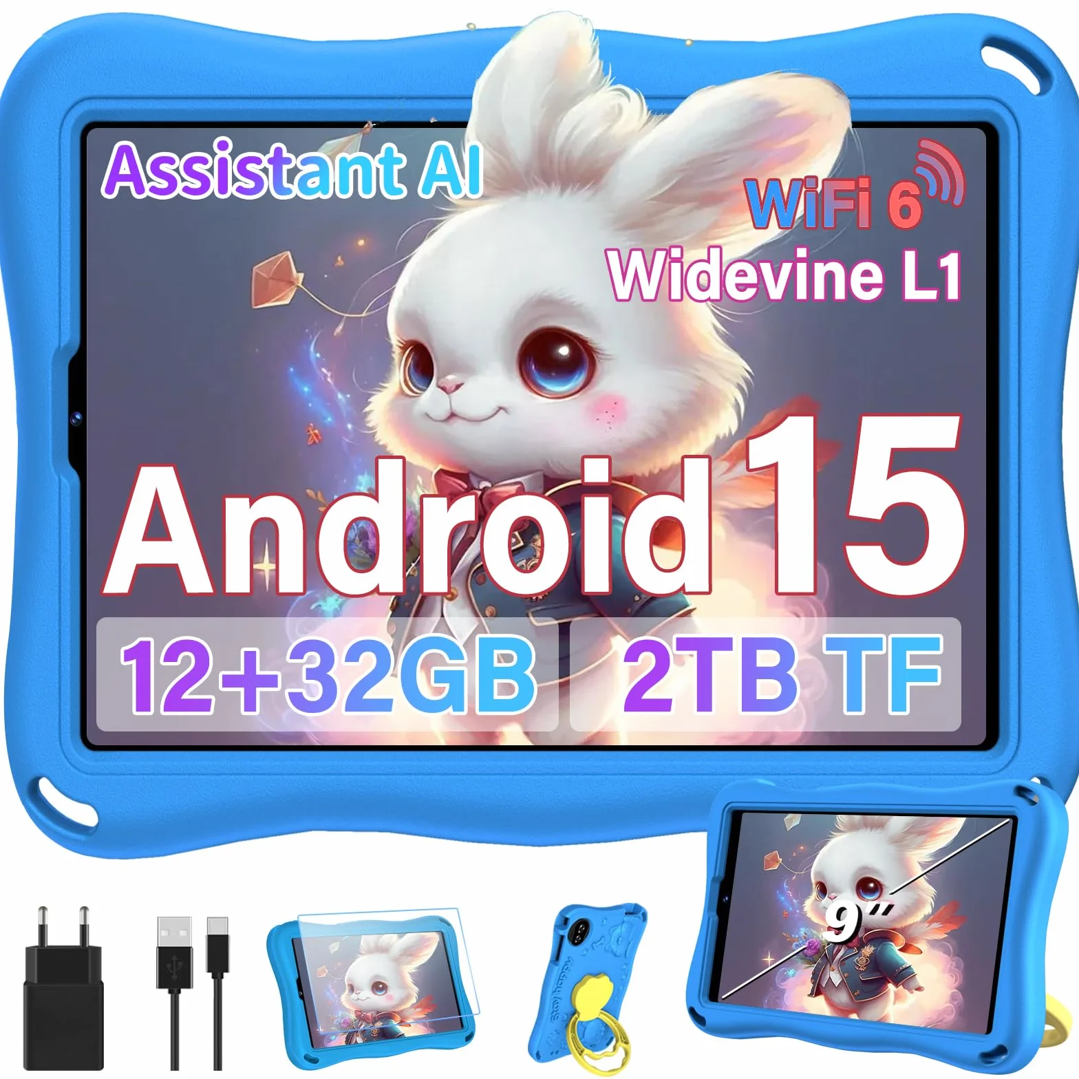 Tablet para niños 9 pulgadas Android 15 12 GB RAM 1 TB TF 5G WiFi Widevine L1 Octa-Core 5000 mAh control parental funda Eva Azul