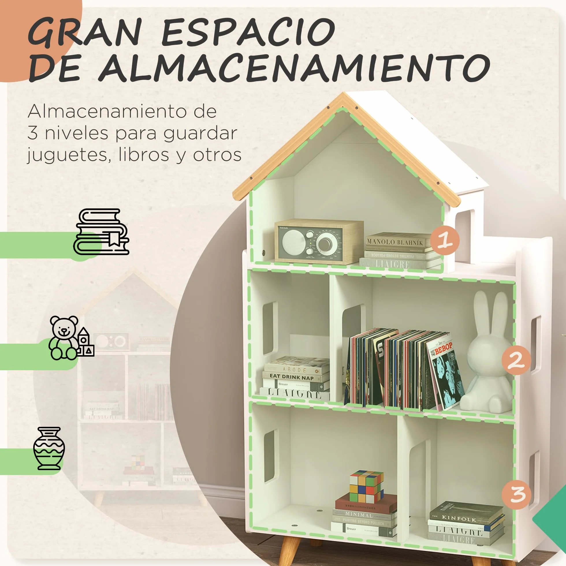 ZONEKIZ Estantería para Juguetes 3 Niveles 50 kg 65x25x108,5 cm Blanco