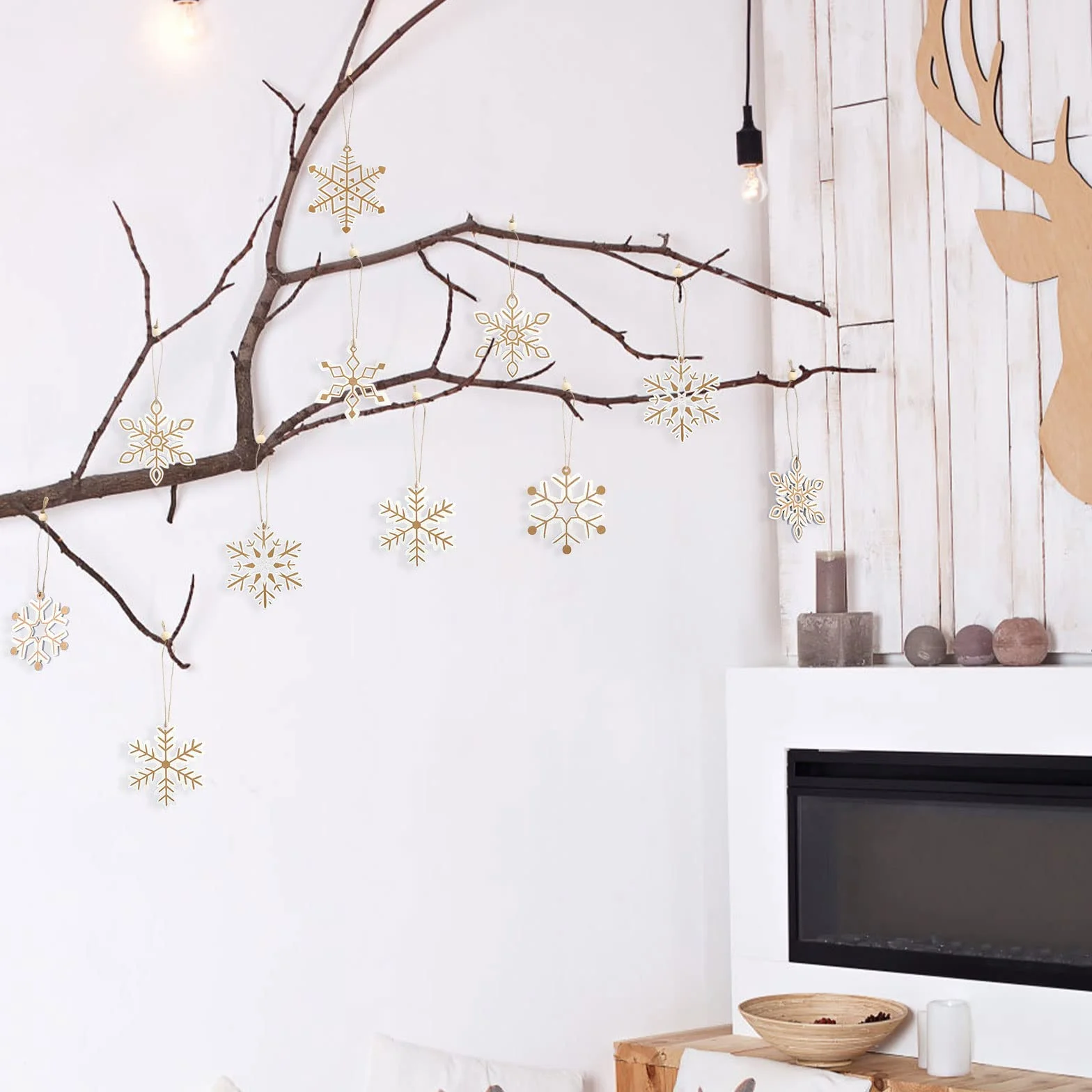LEMESO 24 Colgantes de Madera Navidad Copo de Nieve Blanco Oro Decoraciones para Árboles