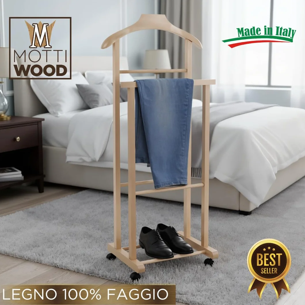 Galán de noche perchero dormitorio madera haya natural Servo Mudo doble 4 ruedas fabricado Italia