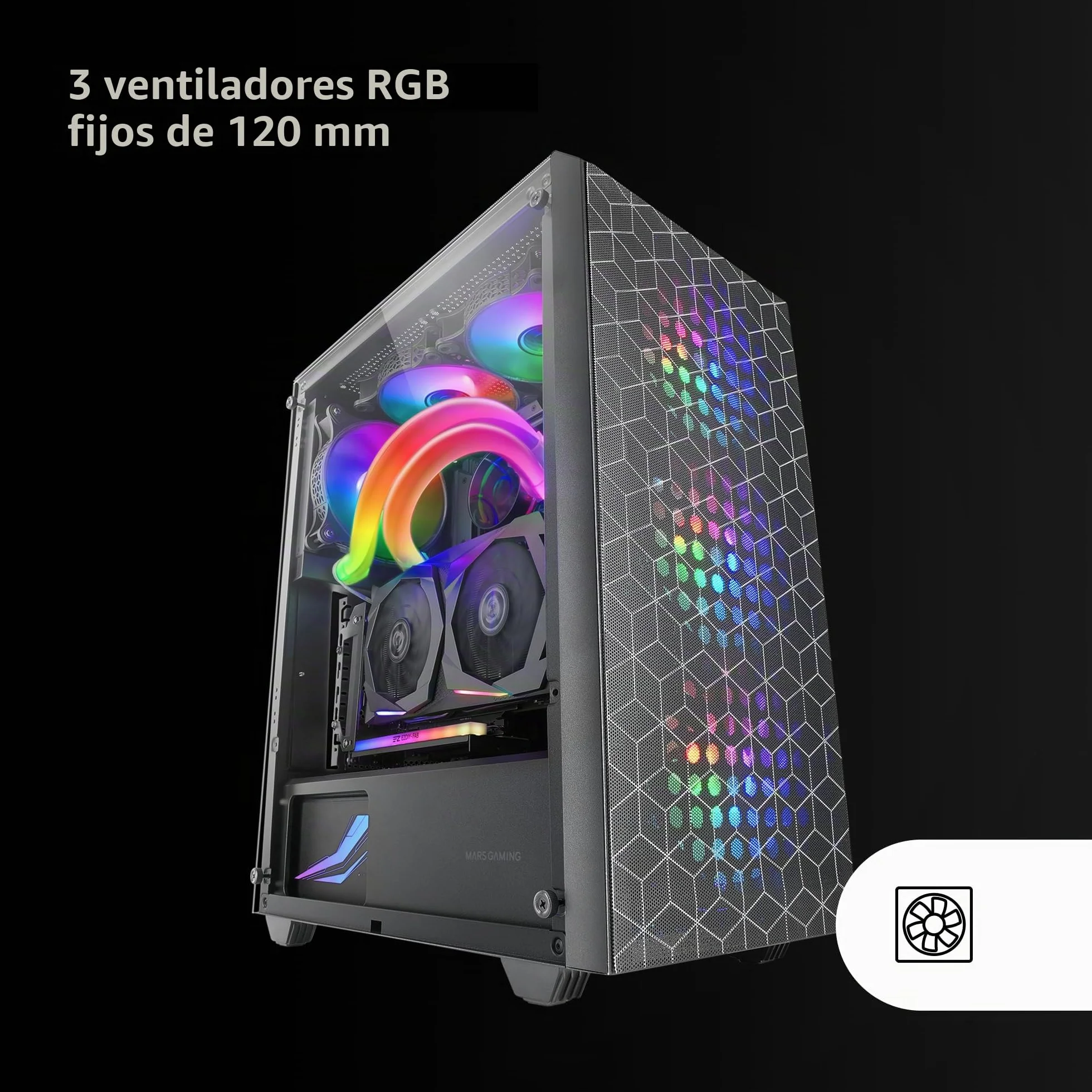 Mars Gaming MC-mag, Caja Gaming ATX, Ventana Lateral Completa Cristal Templado, Doble Rejilla Magnética Antipolvo Frontal + Superior, 3X Ventiladores FRGB 120mm, Refrigeración Líquida 360mm, Negro