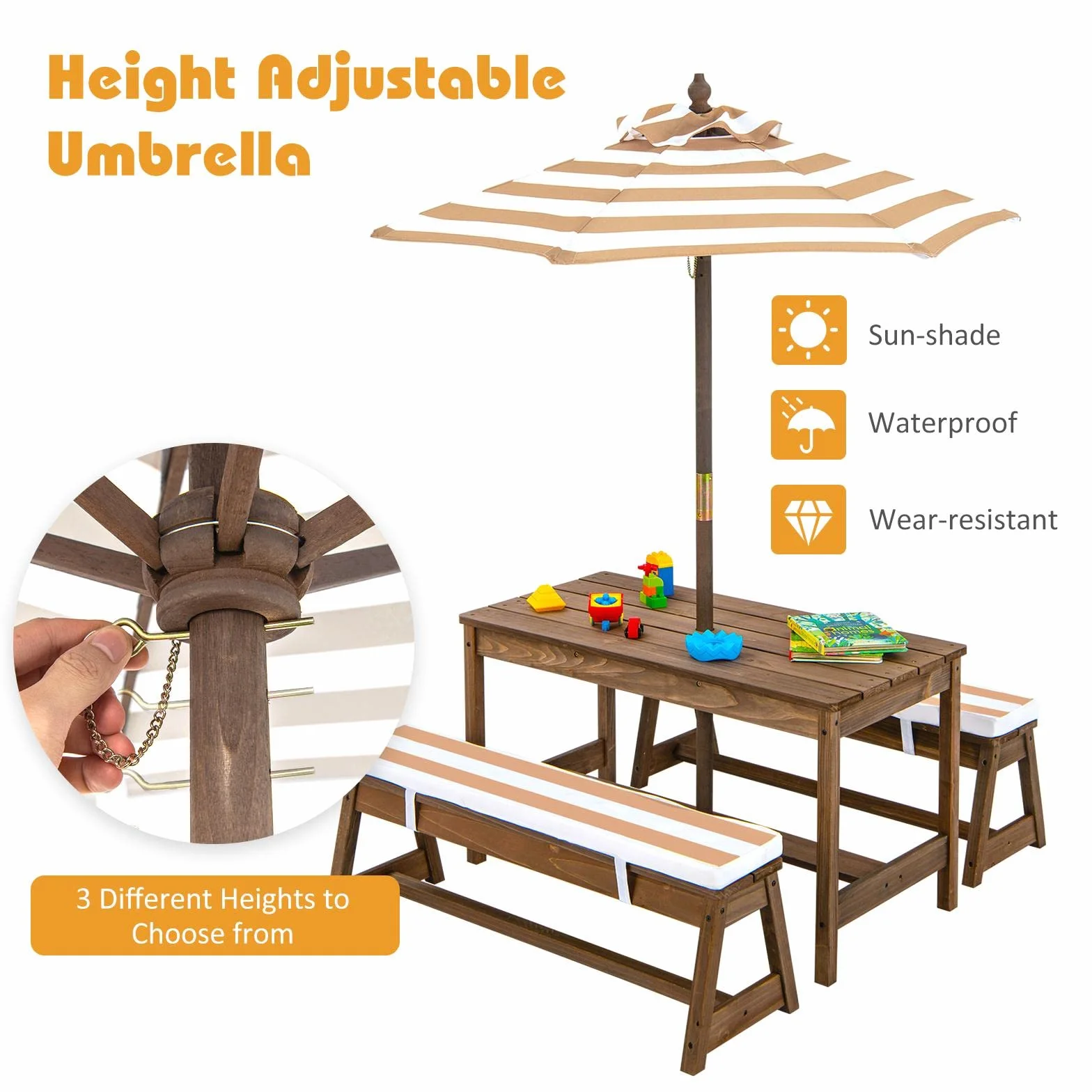 KOMFOTTEU Juego de Muebles Infantiles con Sombrilla, Mesa y 2 Bancos de Madera de Abeto para Jardín (Marrón)