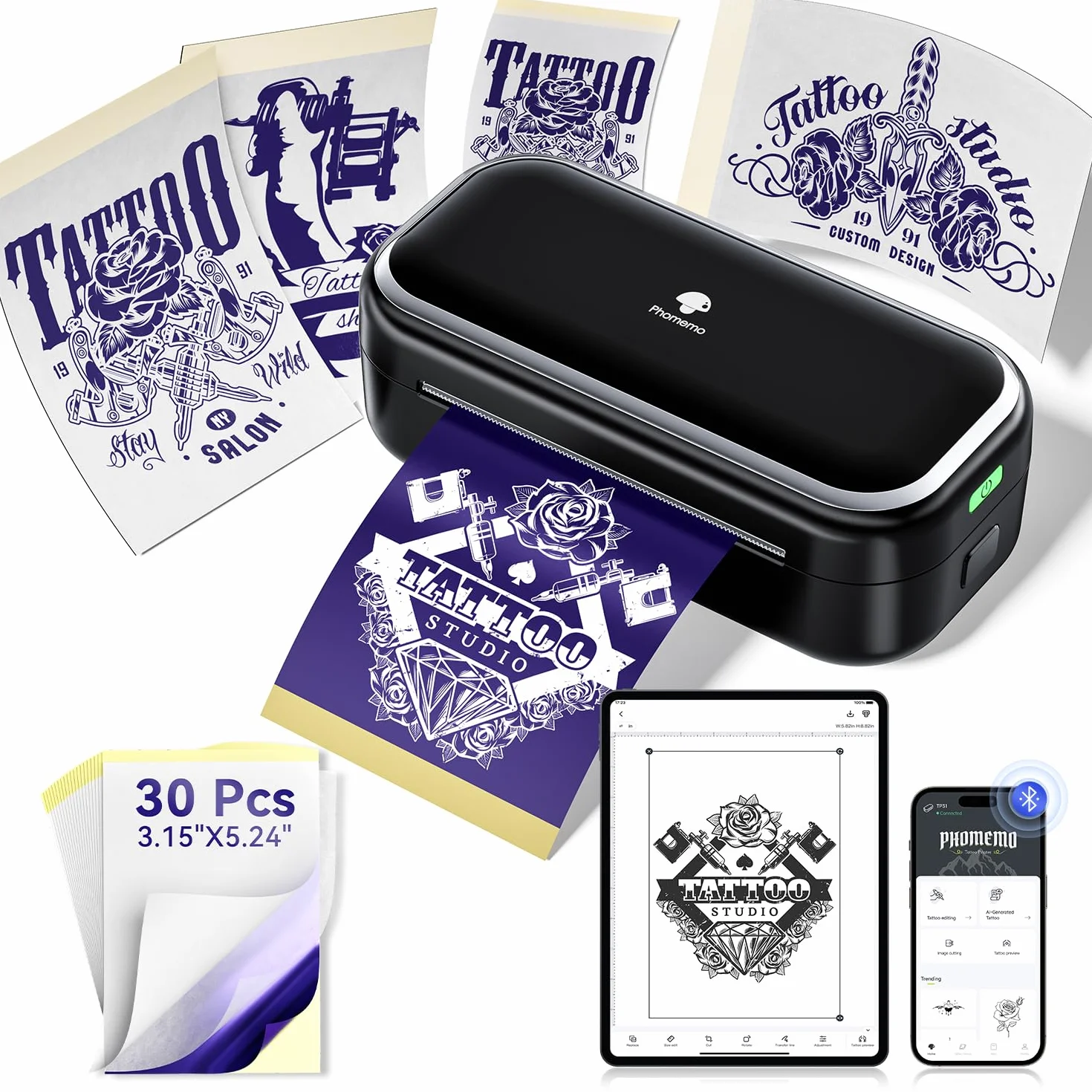 Phomemo TP31 Termocopiadora Tattoo, Impresora Termica Tattoo, Impresora Tatuajes con 30 Hojas de Papel de Transferencia para Tatuajes, Compatible con Smartphone y Tablets