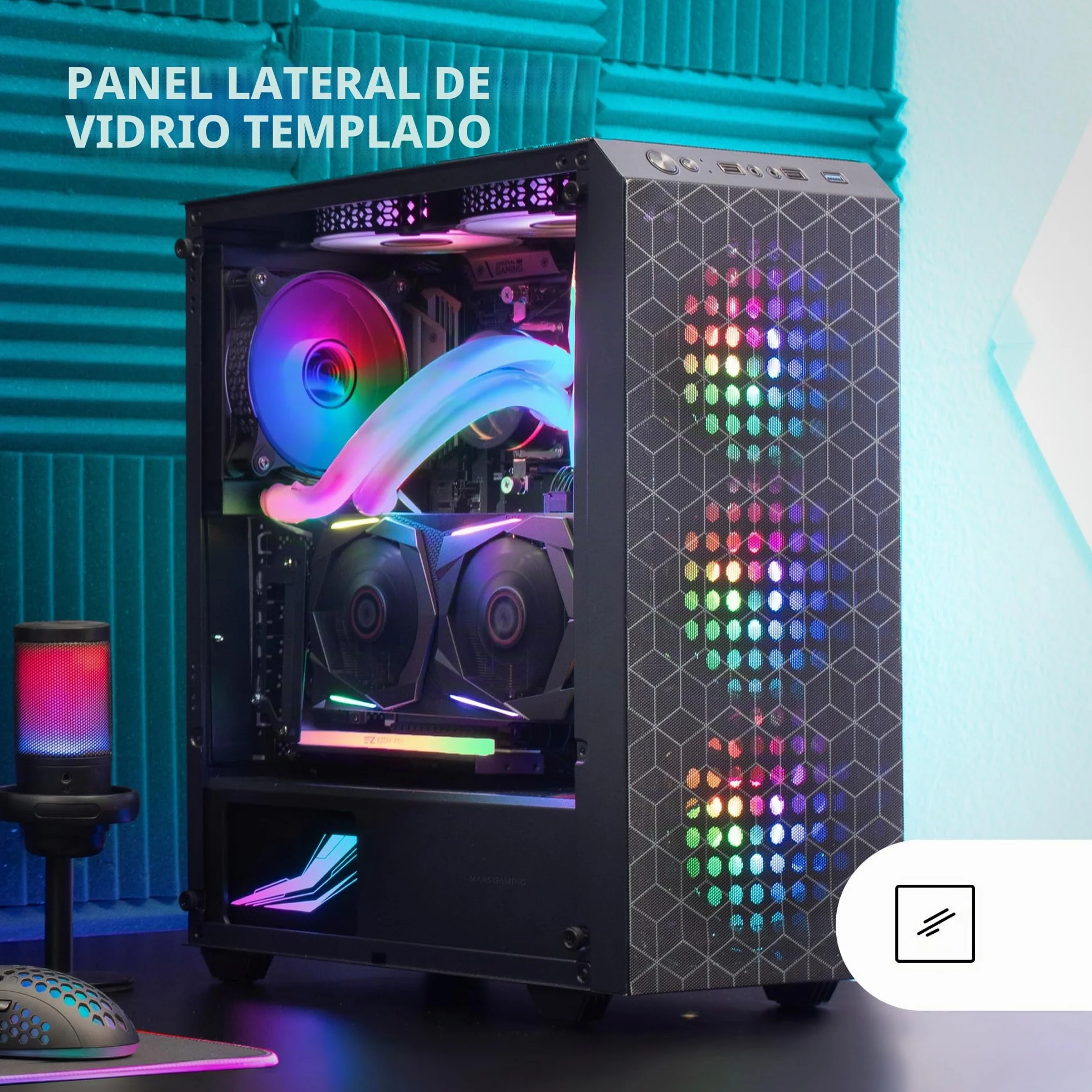 Mars Gaming MC-mag, Caja Gaming ATX, Ventana Lateral Completa Cristal Templado, Doble Rejilla Magnética Antipolvo Frontal + Superior, 3X Ventiladores FRGB 120mm, Refrigeración Líquida 360mm, Negro