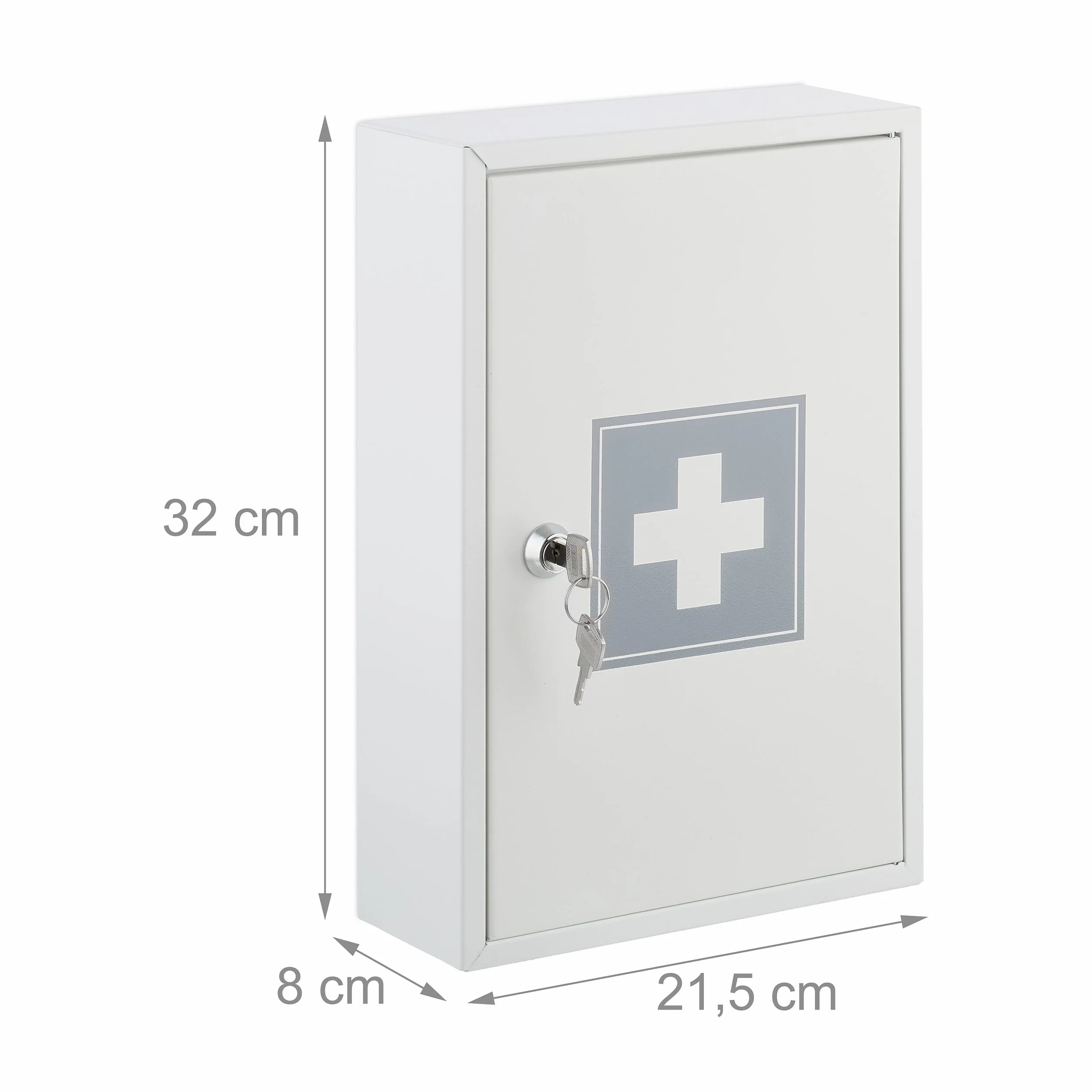 Relaxdays Armario Botiquín Puerta Cruz 2 Compartimentos Cerradura 32x21,5x8 cm Caja Medicinas Colgante Blanco y Gris