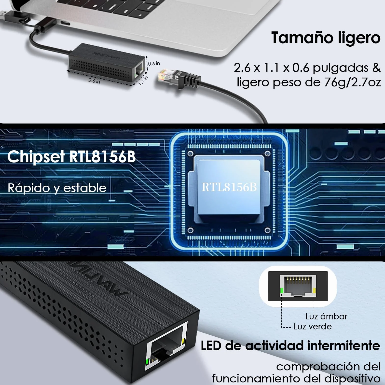 WAVLINK Adaptador USB C a Ethernet, Adaptador 2.5G USB LAN, Compatible con Ordenador portátil, PC con Windows 7/8/10, XP, Vista, Mac OS 10.6 o Superior