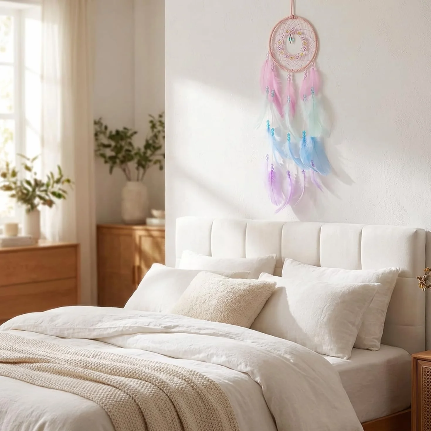 Atrapasueños Grande Hecho a Mano con Plumas y Cuentas de Colores Rosa