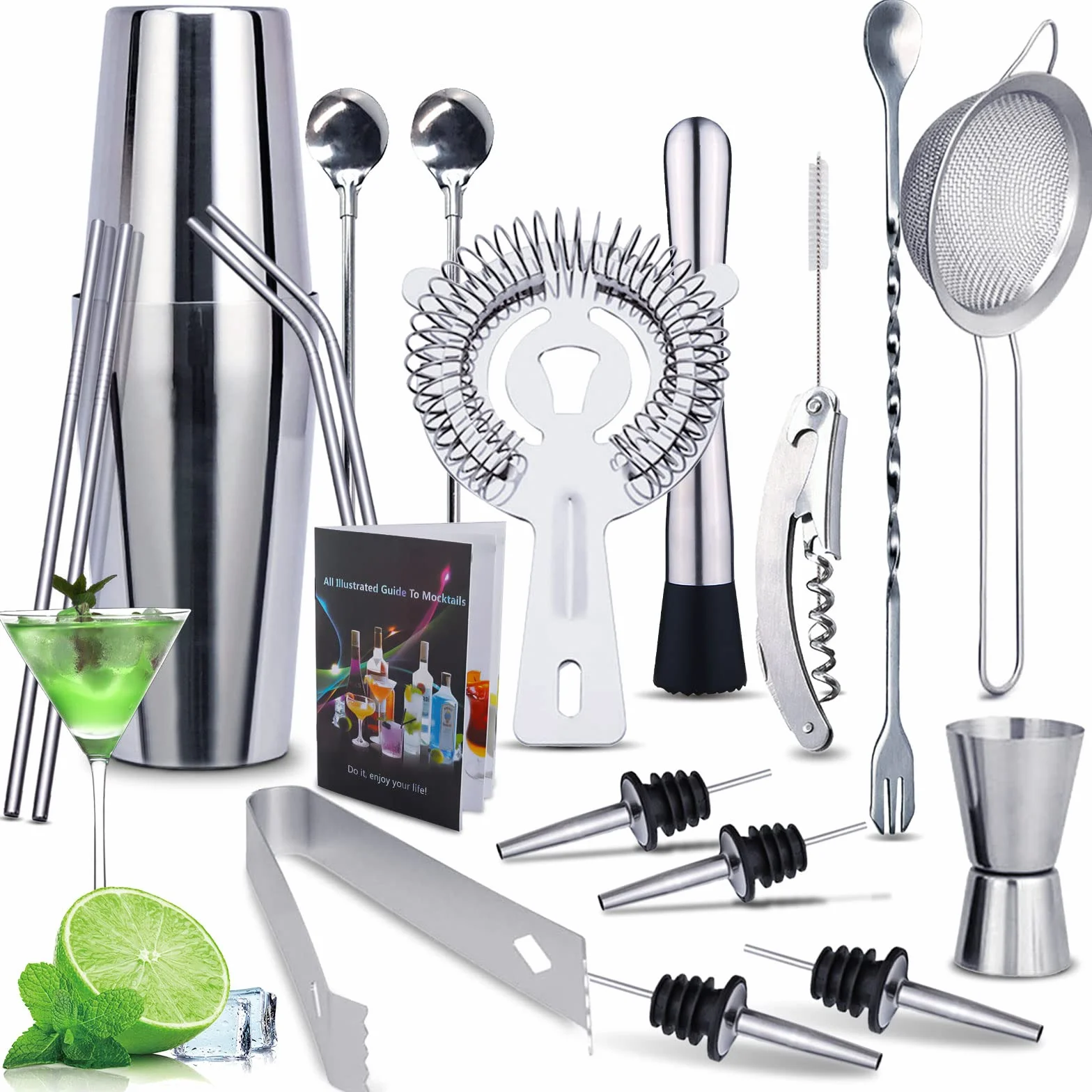Coctelera,Juego de Mezcla de cócteles,de 20 Piezas para Barman,Cocktail Kit de Acero Inoxidable con Agitadores 750ml,Colador,Manual de cócteles,Bar,Hogar
