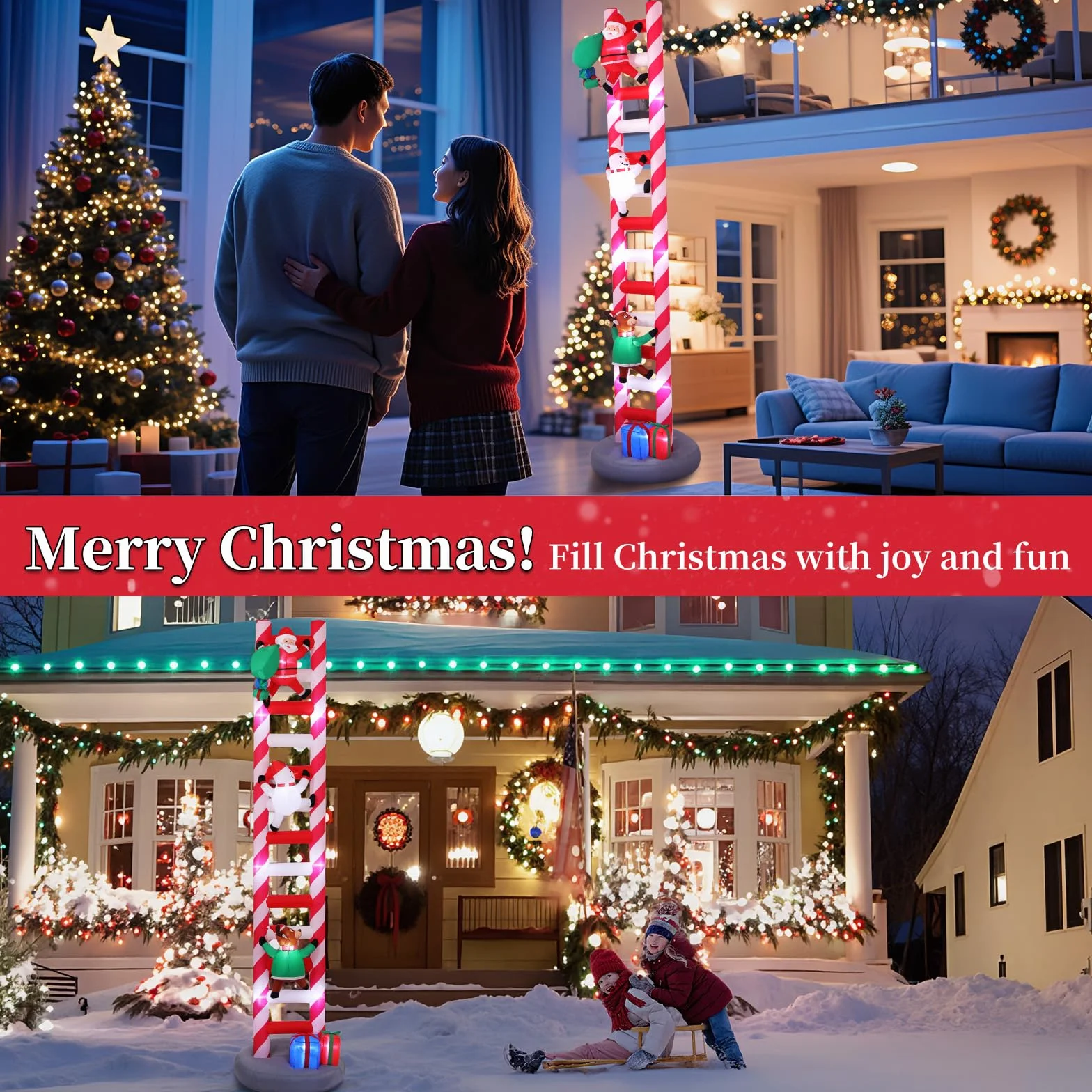 Lewondr Inflables Navidad 9,8FT 11 LED Escalera Decoración Exterior Impermeable Reno Santa Claus Muñeco de Nieve