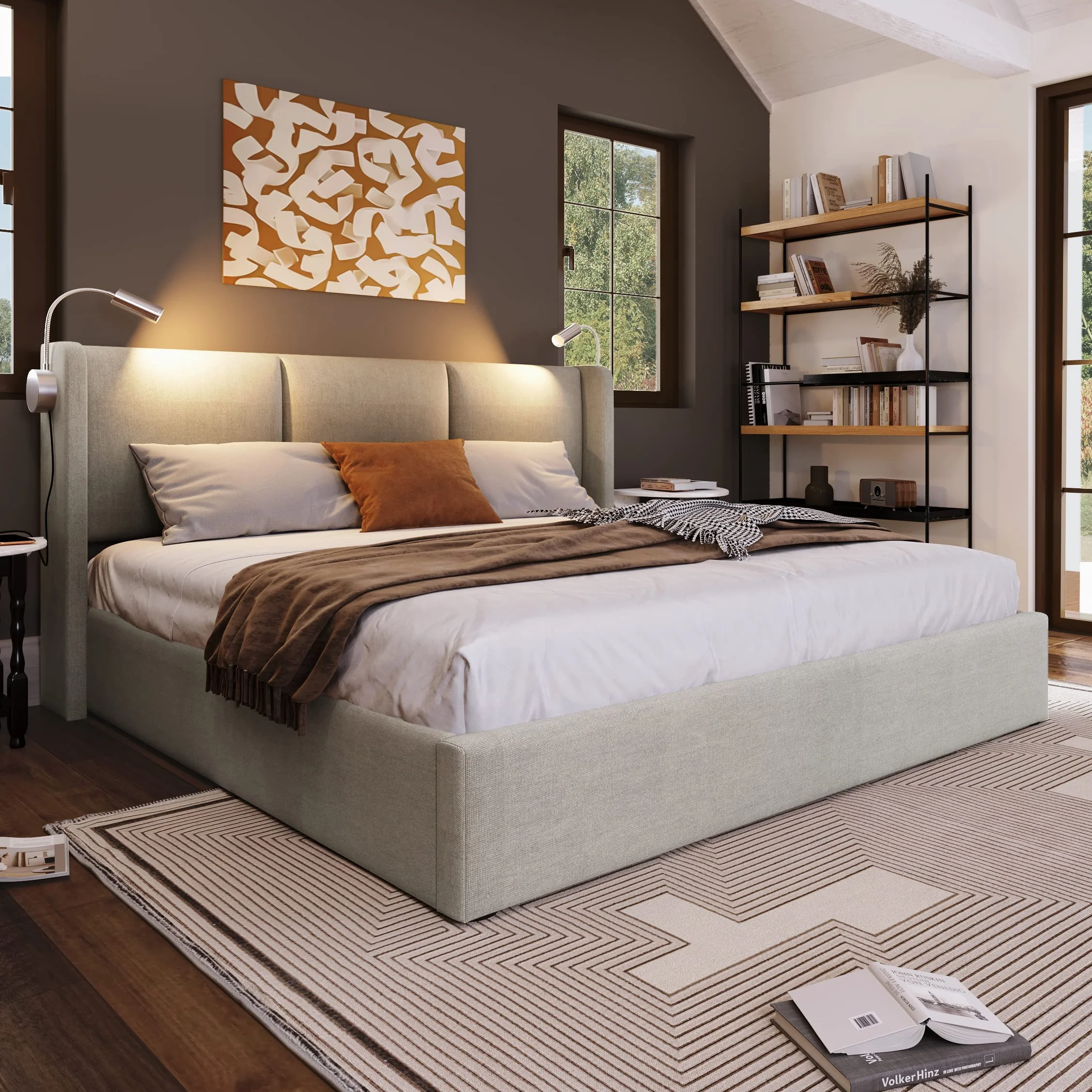 KAZZIO Cama tapizada para cama de matrimonio con espacio de almacenamiento, luz de lectura con función de carga USB, cabecero, estructura de cama de poliuretano, con somier (sin colchón) (beige, 140 x