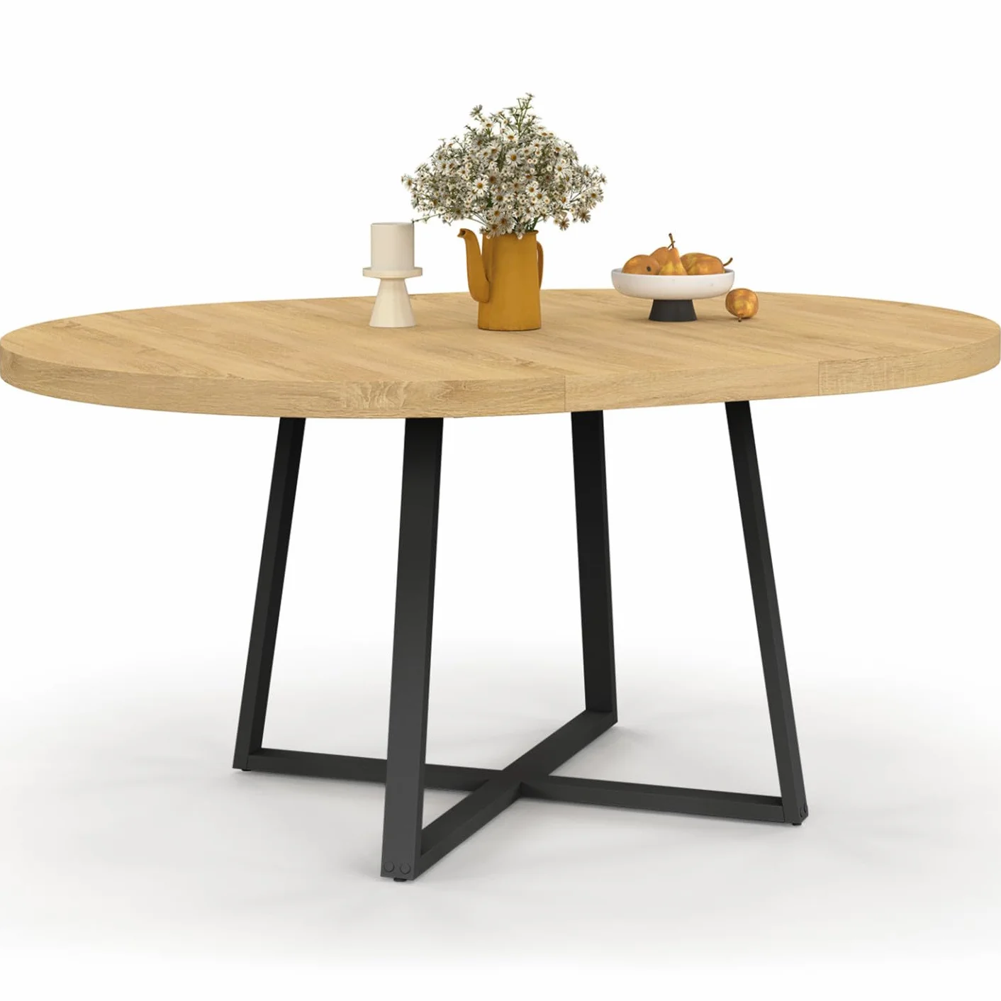 IDMarket Selma – Mesa de comedor extensible redonda para 4-8 personas, madera y negro, 110-150 cm